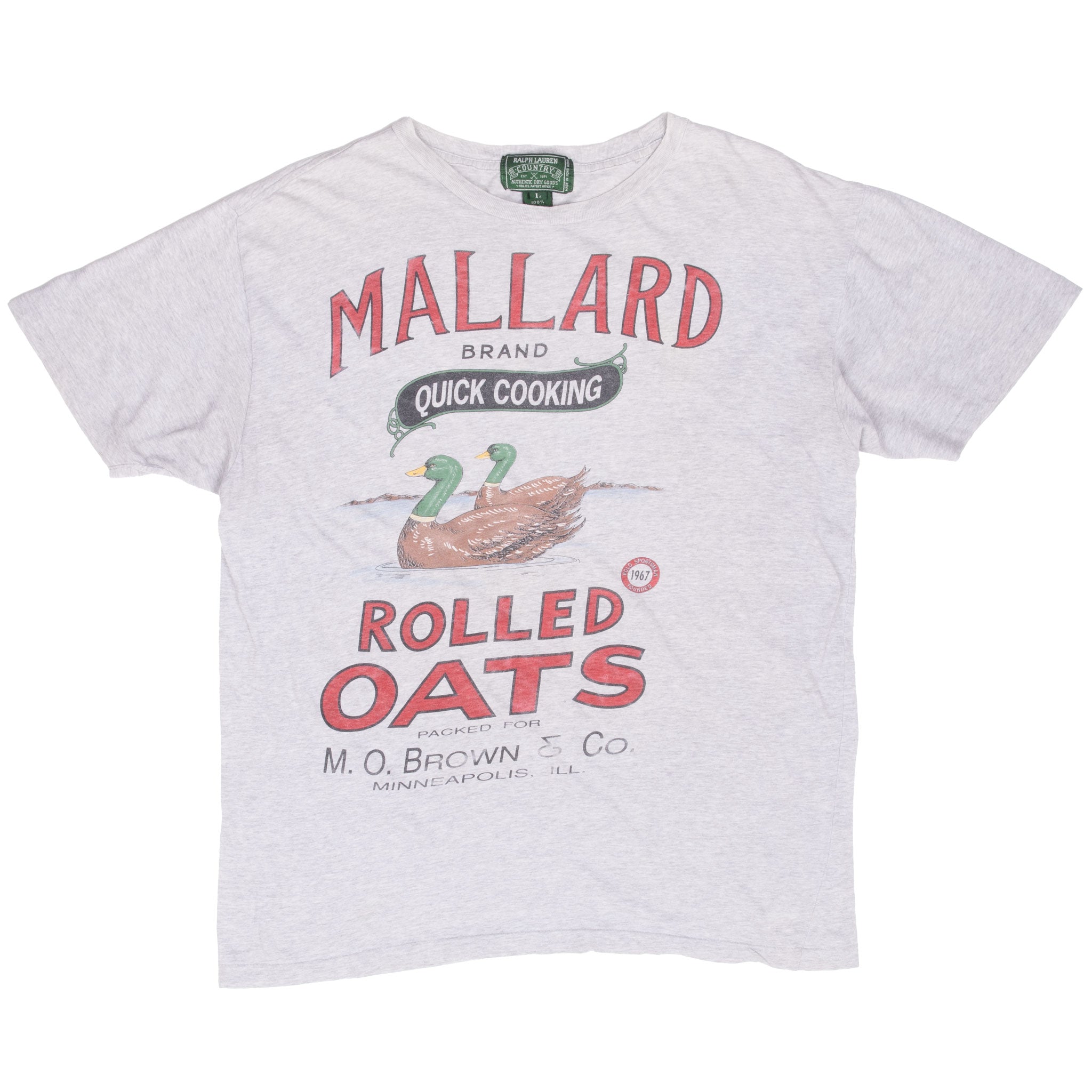 Vintage Ralph Lauren Mallard Rolled Oats Grey Tee Shirt 1990S Size Large With Single Stitch Sleeves