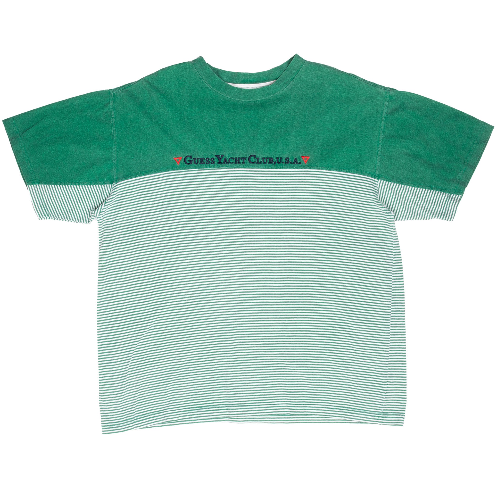 Vintage Guess Yacht Club Usa Green Striped Tee Shirt 1990S Size XL Made In Usa