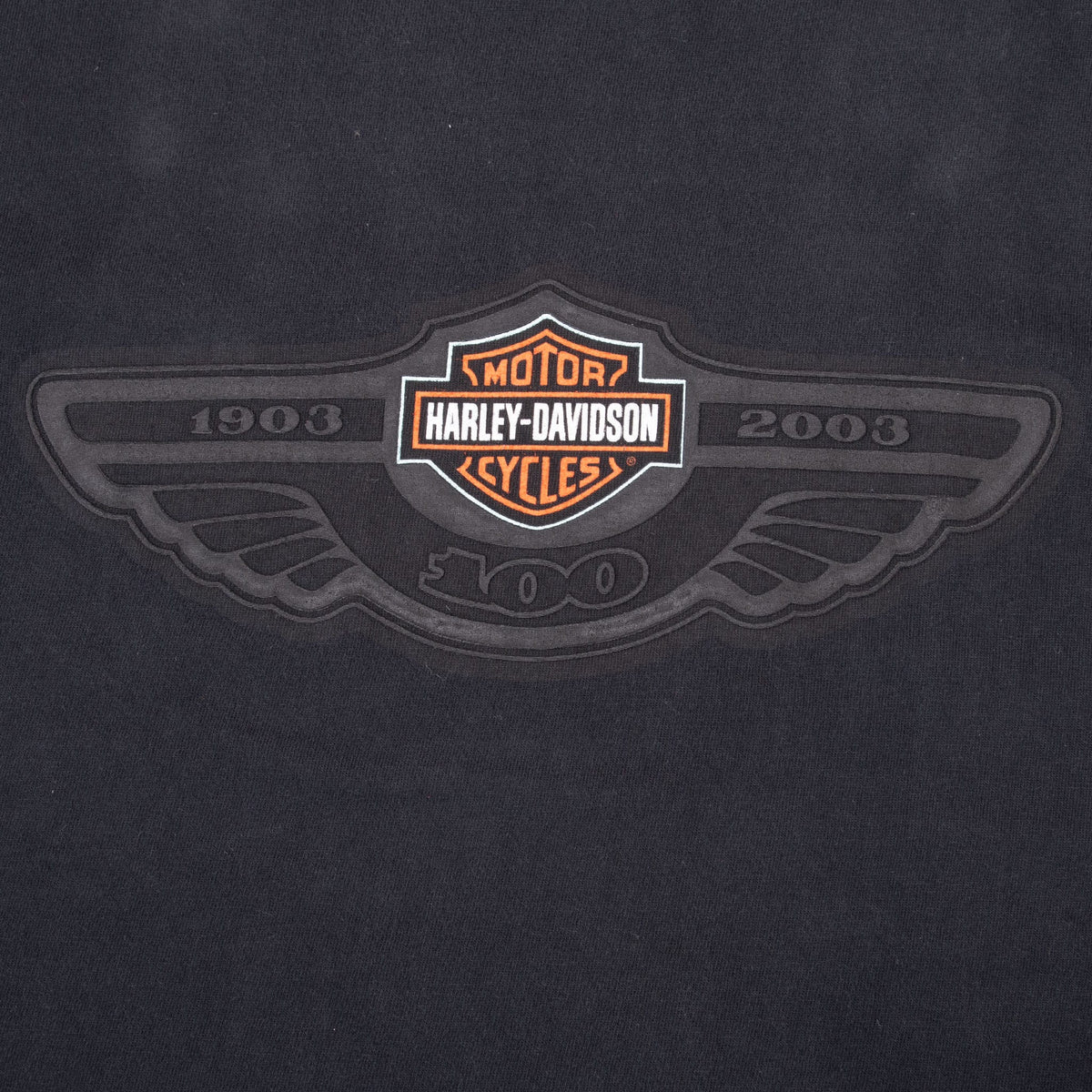 Close-up of winged Harley-Davidson 100th anniversary front graphic with 1903 and 2003 dates