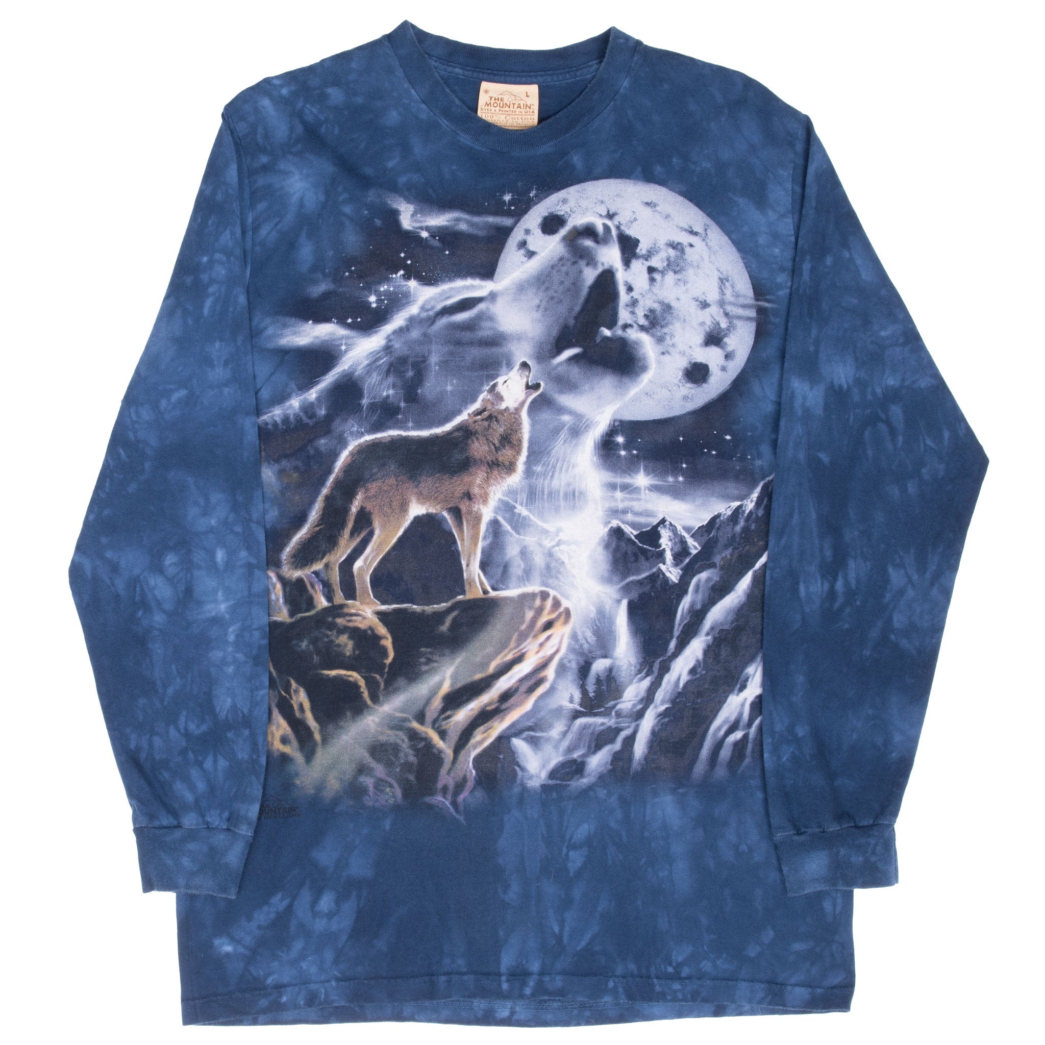 Vintage The Mountain Animal Print Moon Wolf Tie Dye Long Sleeve Tee Shirt 2002 Size Large