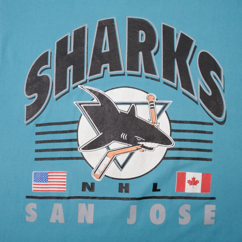 Vintage NHL San Jose Sharks Tee Shirt 1990s Size XL With Single Stitch Sleeves. Made In USA
