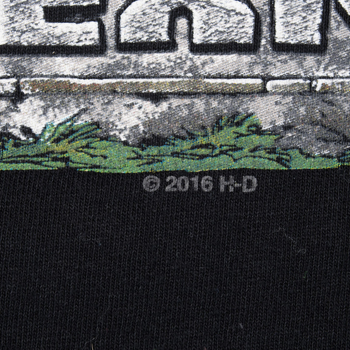 Close-up of 2016 Harley-Davidson copyright mark beneath the back print