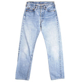 Beautiful Indigo Levis 501 with Selvedge Jeans Made in USA with a very light blue wash, a nice contrast of white and light blue and some light whiskers  Size 28x30  Back Button #524