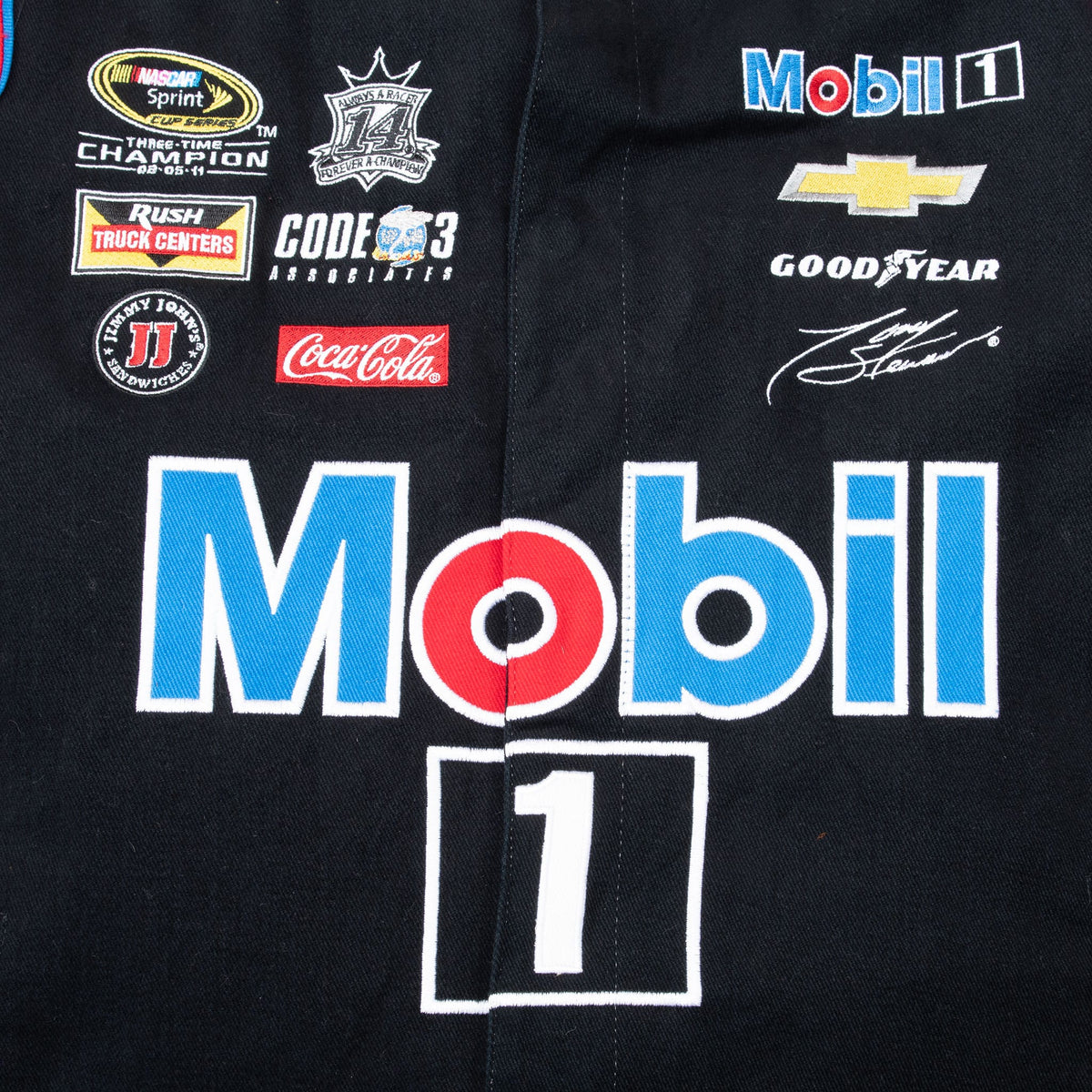Front embroidery detail with Mobil 1, Chevrolet, Goodyear and racing sponsor logos