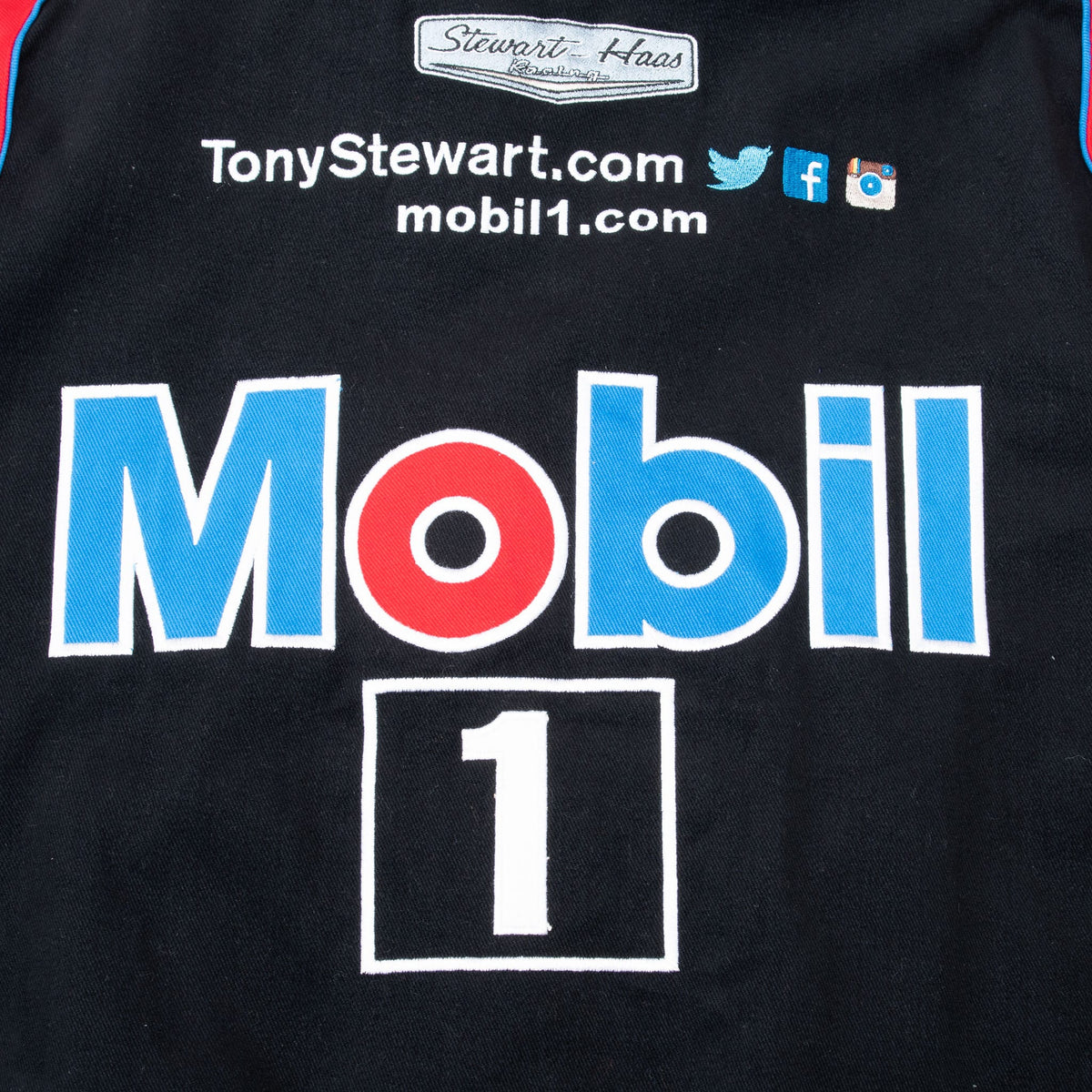 Back embroidery detail with Mobil 1 logo, TonyStewart.com and Stewart-Haas patch