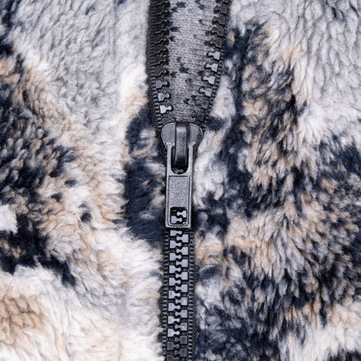 Close-up of black front zipper and wolf-print fleece texture