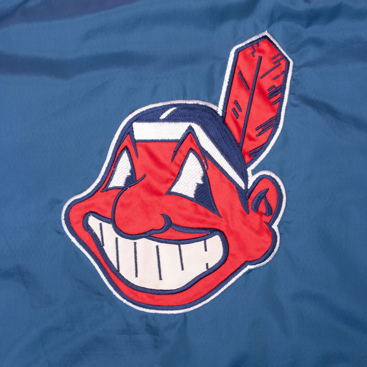 Close-up of large Cleveland Indians logo embroidery on back