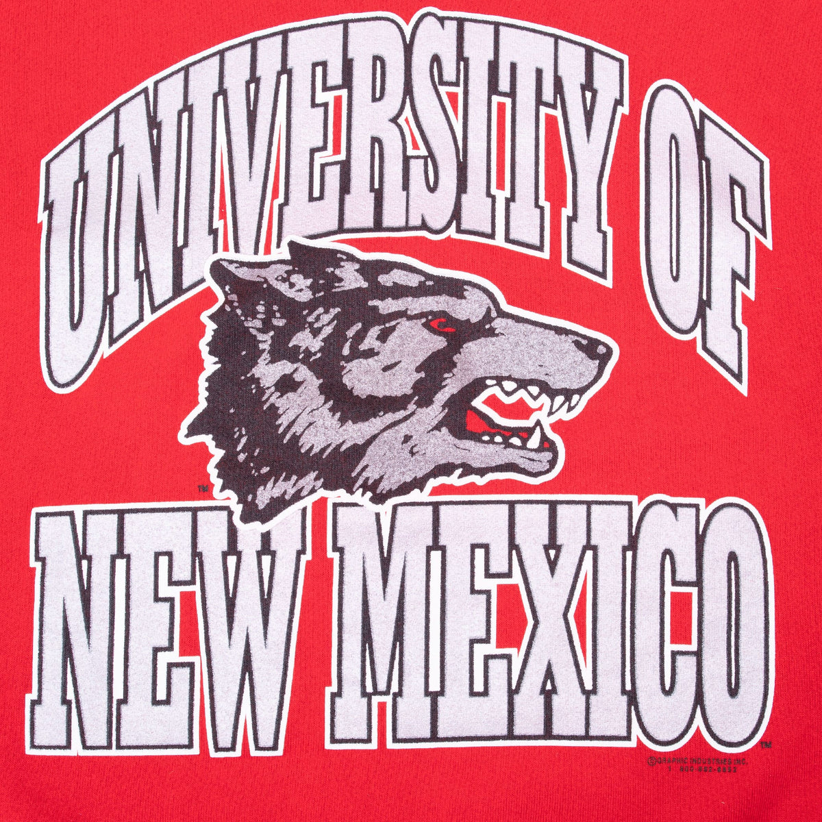Close-up of gray and black University of New Mexico wolf mascot front graphic