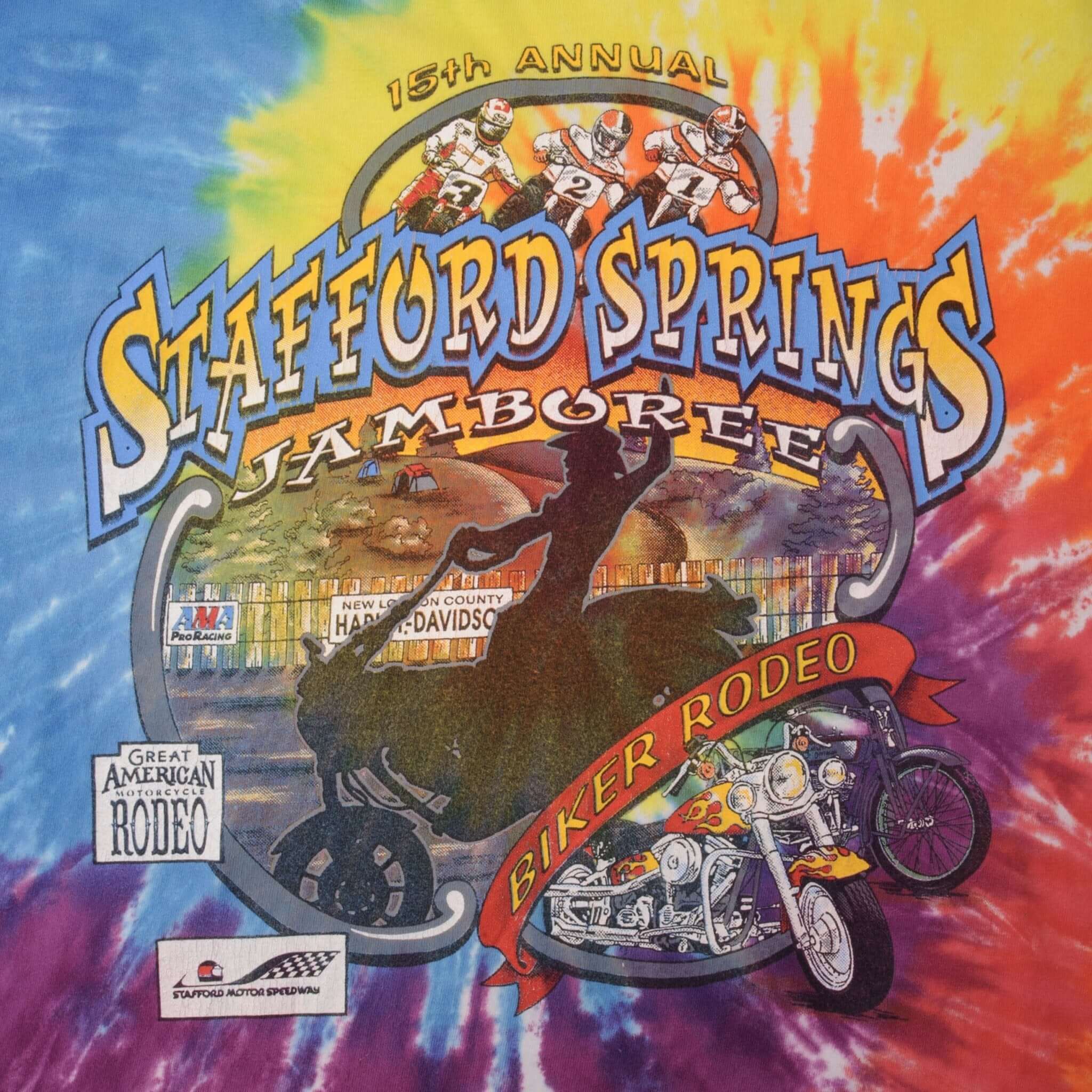 Vintage Tie Dye Ama Motocross 15Th Annual Stafford Springs Jamboree Connecticut 1996 Tee Shirt Large Made In USA With Single Stitch Sleeves