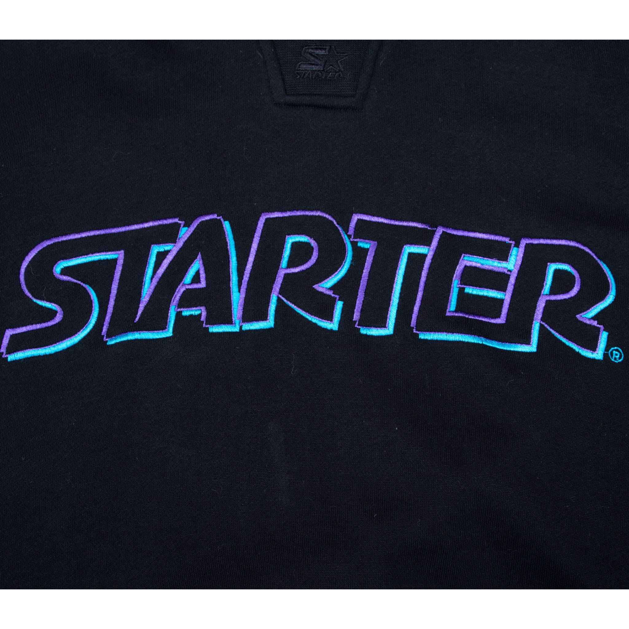 VINTAGE STARTER BLACK TEAL PURPLE DOUBLE HOODIE SWEATSHIRT 1990S SIZE XL