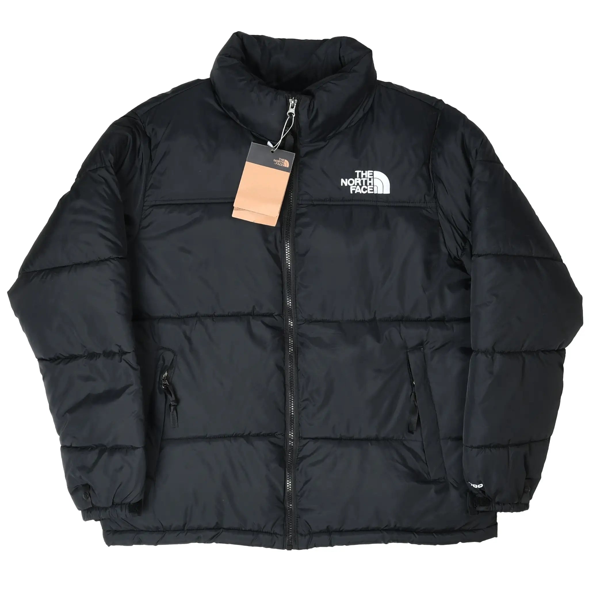 Full front of black The North Face Nuptse down jacket with oversized baffles and hangtag