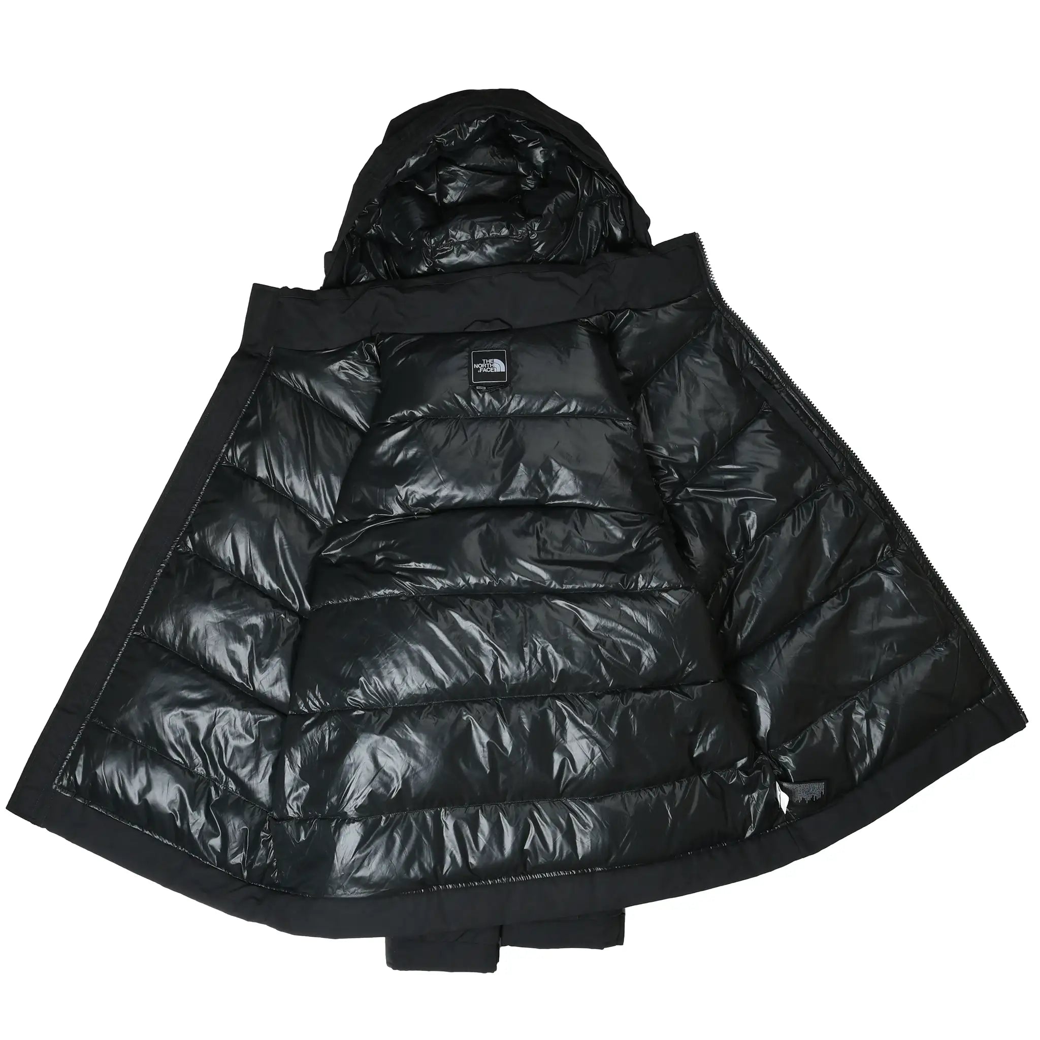 Black The North Face jacket opened to show quilted insulated lining and interior pocket