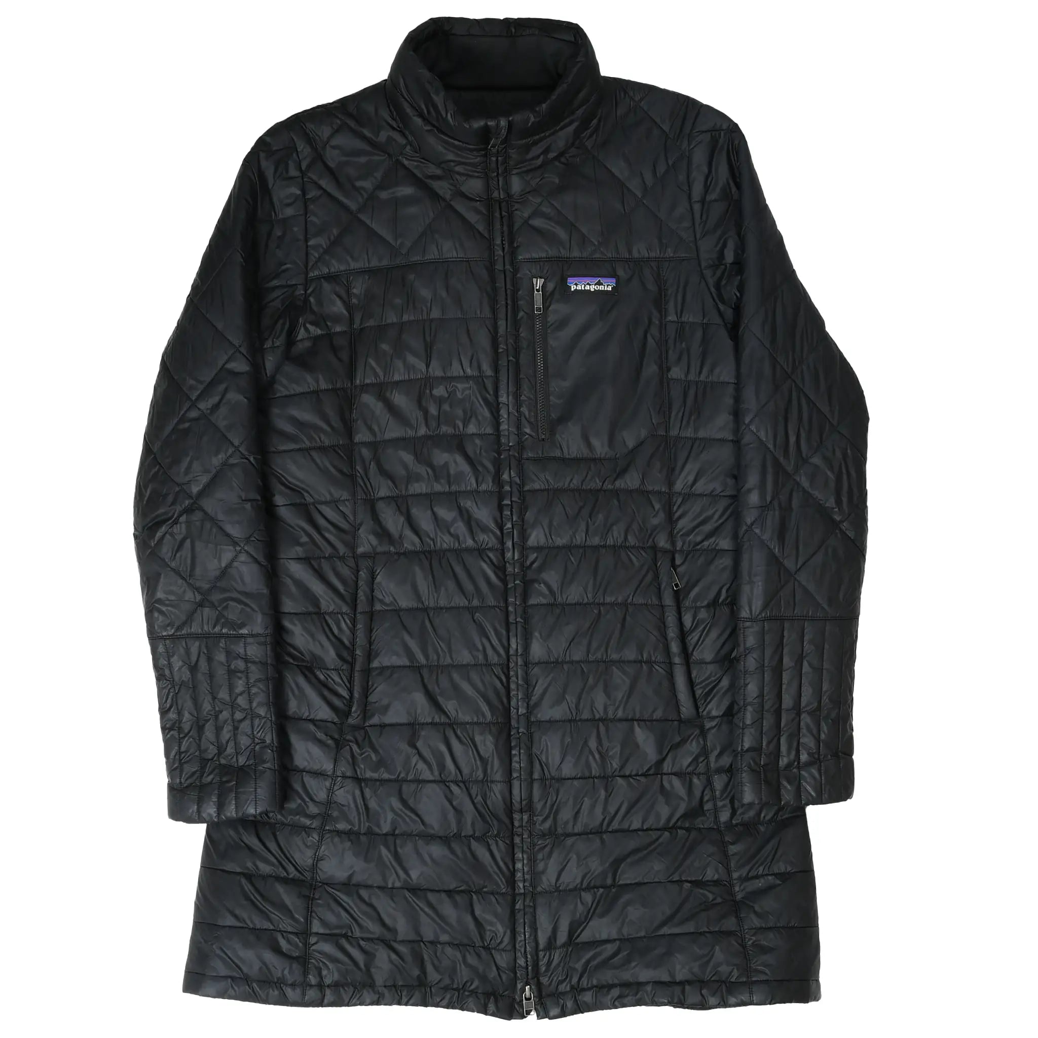 Front of black Patagonia Radalie quilted parka fully zipped