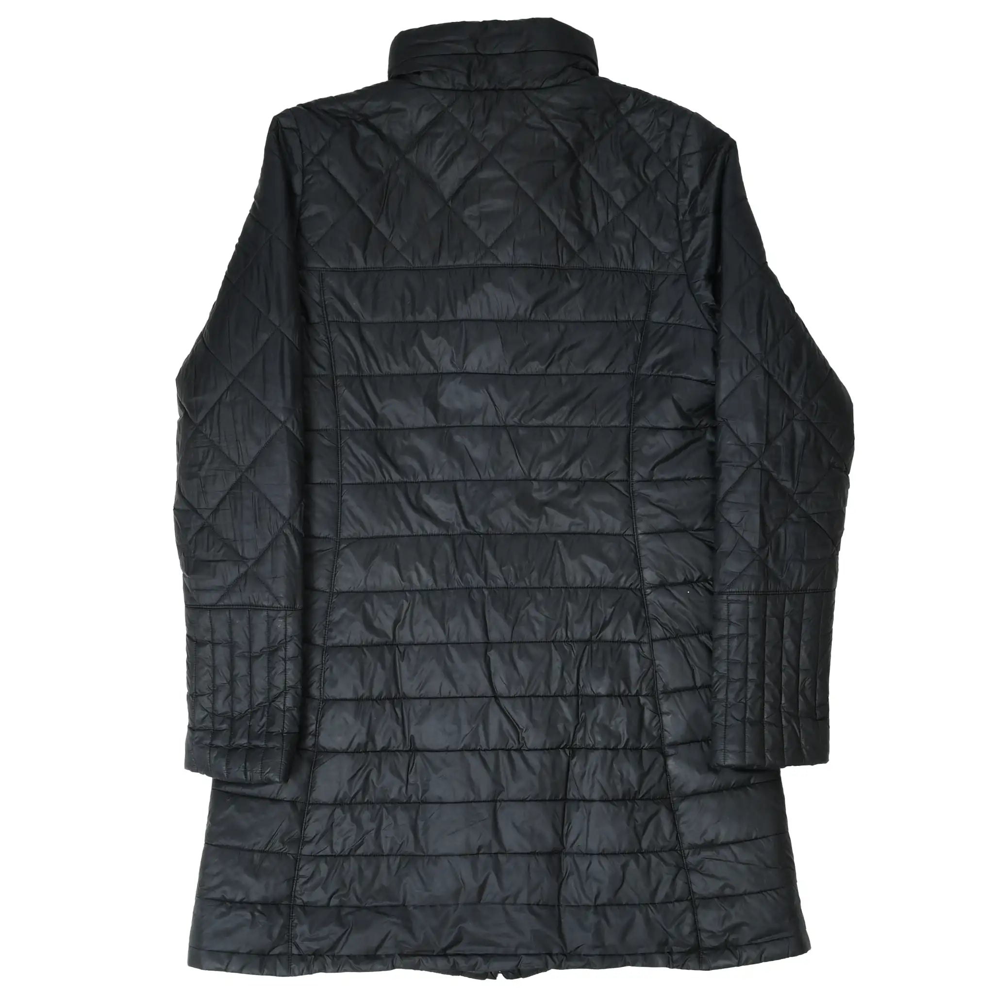 Back of black Patagonia Radalie quilted parka with stand collar