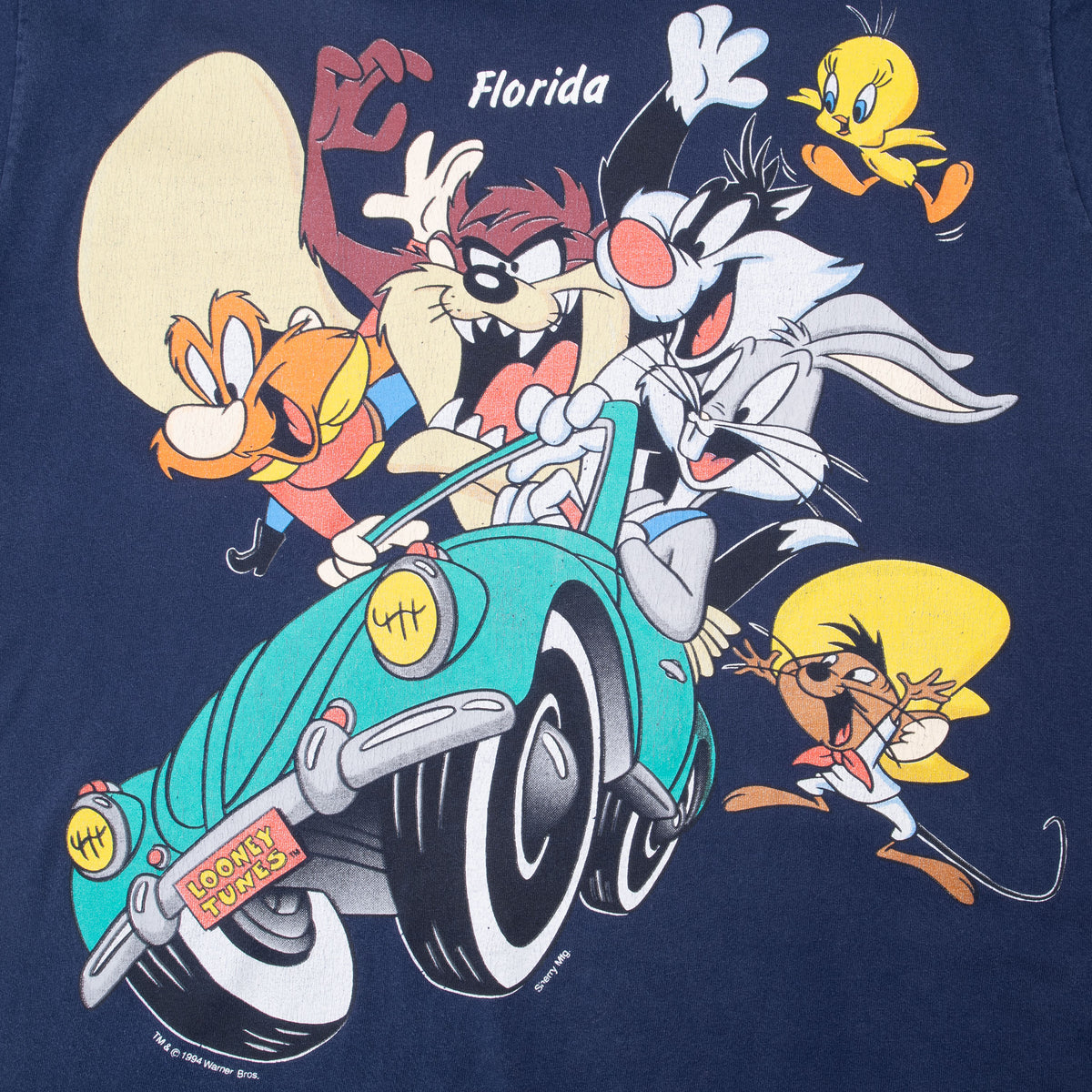 Looney Tunes Florida graphic with Bugs Bunny, Taz, Tweety and Yosemite Sam in a car