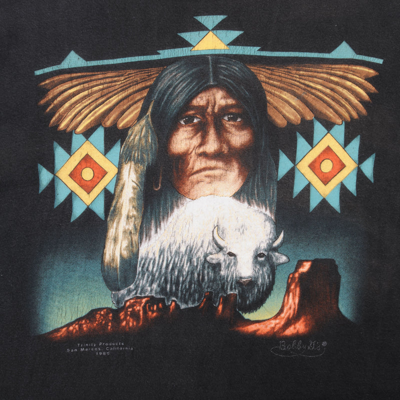 Vintage 3D Emblem American Indian Cropped Long Sleeve Tee Shirt 1989 Size Large Made In USA