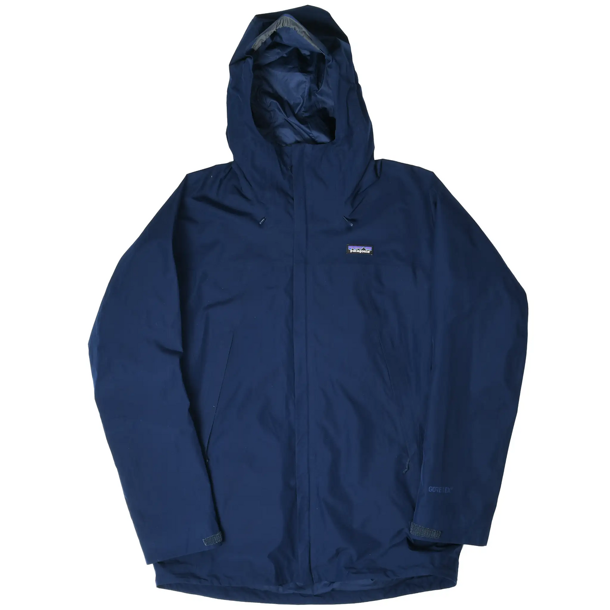 Full front view of navy blue Patagonia Departer hooded jacket