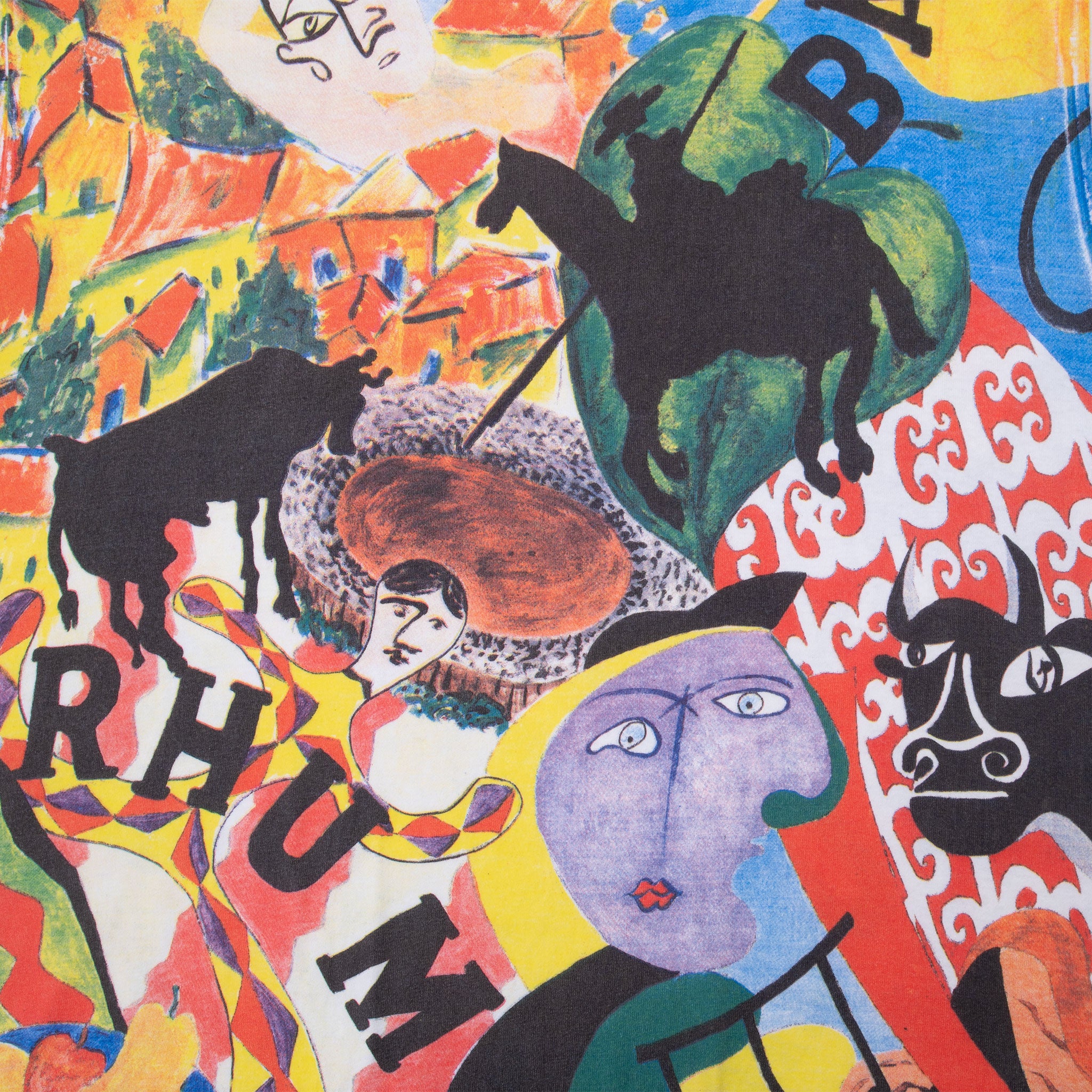Vintage Rhum Bach Picasso Style All Over Print Art Tee Shirt 1990S Size XL With Single Stitch Sleeves

Size Tag Missing