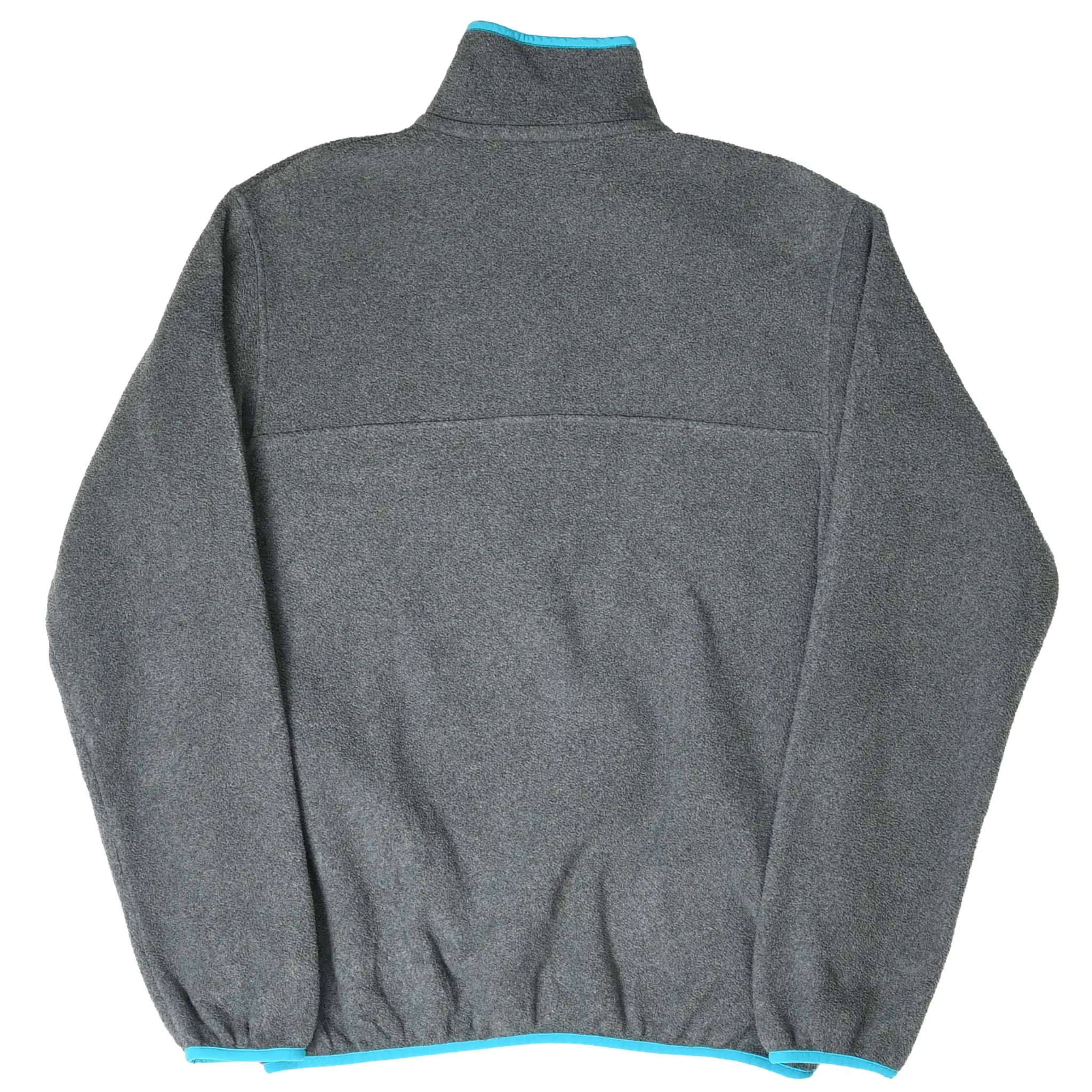 Back of Patagonia dark grey Snap-T Synchilla fleece with turquoise trim
