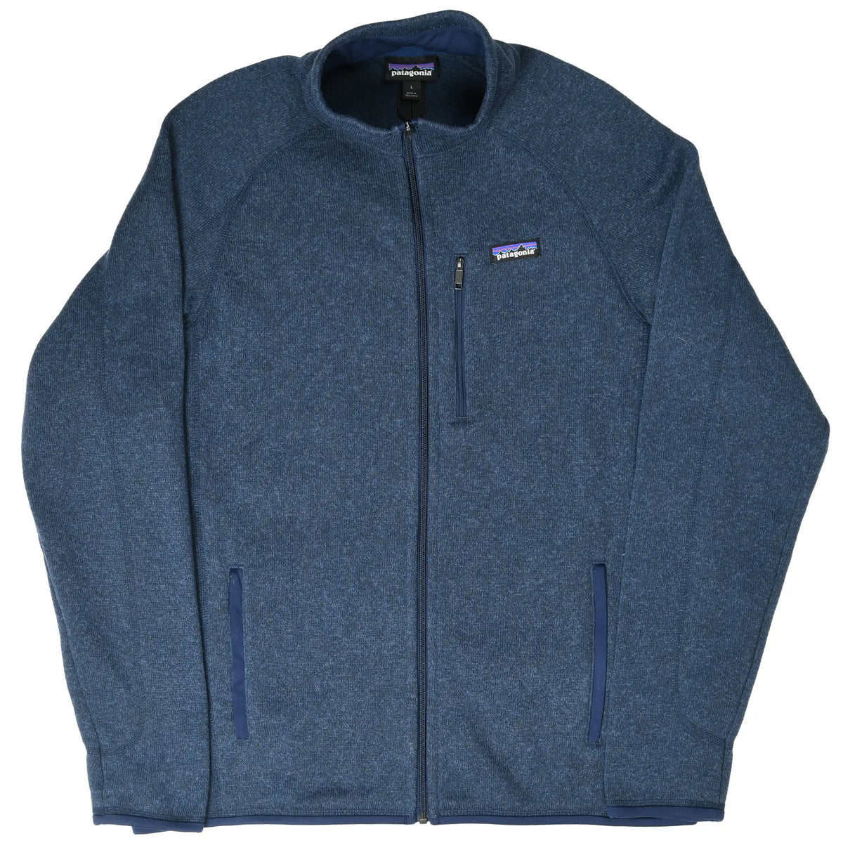 Full front view of blue Patagonia Better Sweater zip-up fleece jacket