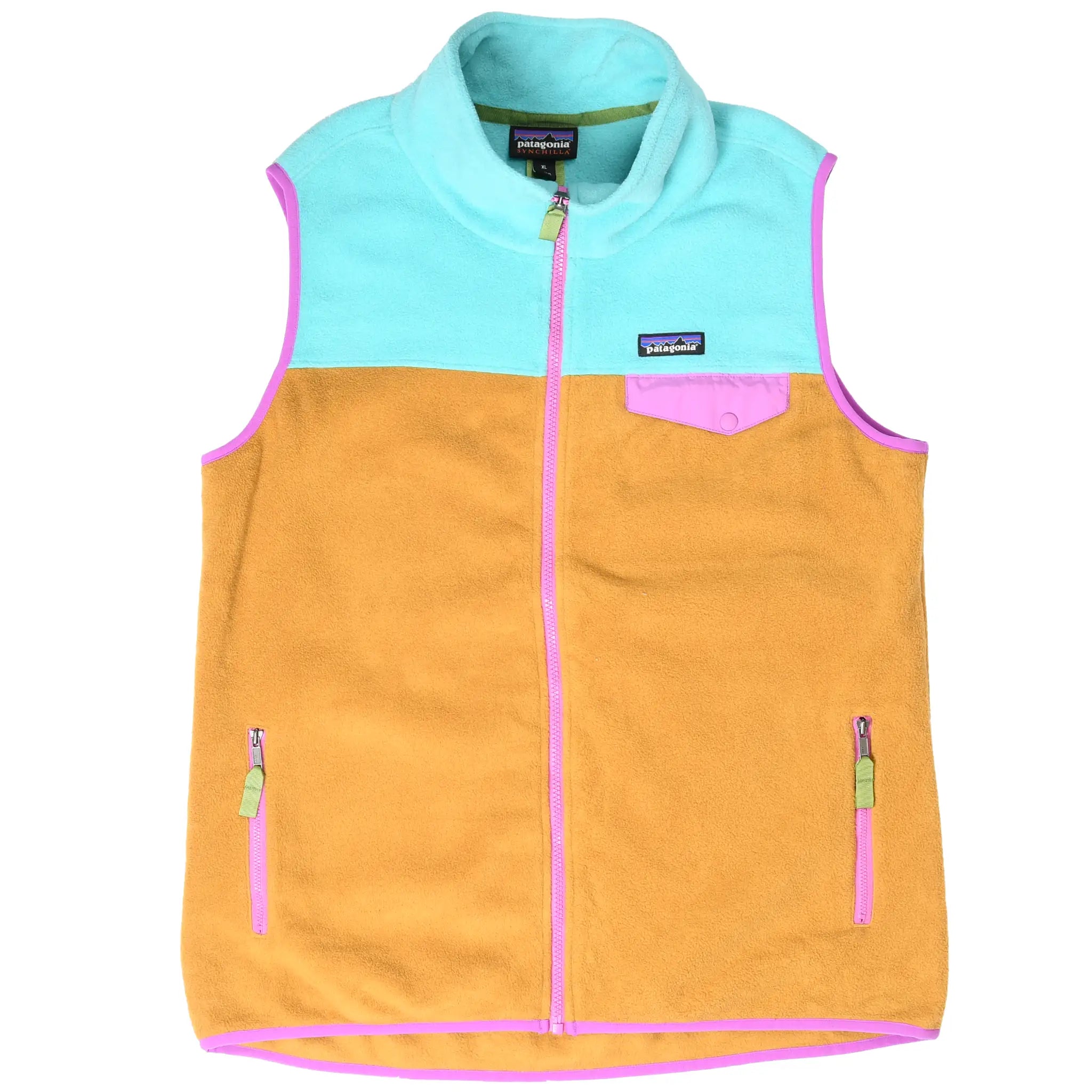 Full front view of Patagonia Synchilla colorblock fleece vest with stand collar and pink zipper