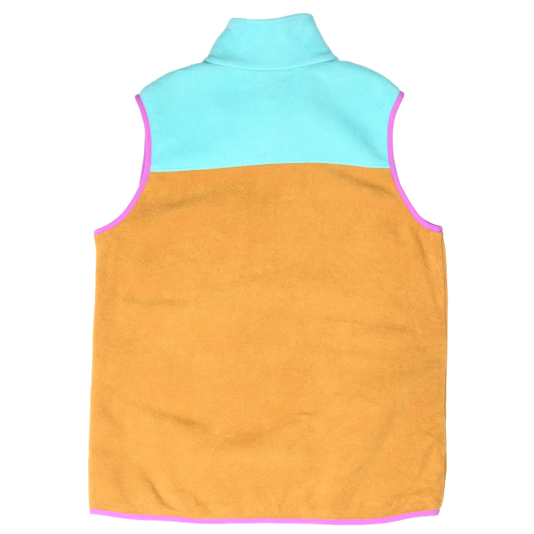 Back of Patagonia Synchilla fleece vest in turquoise and tan with pink trim