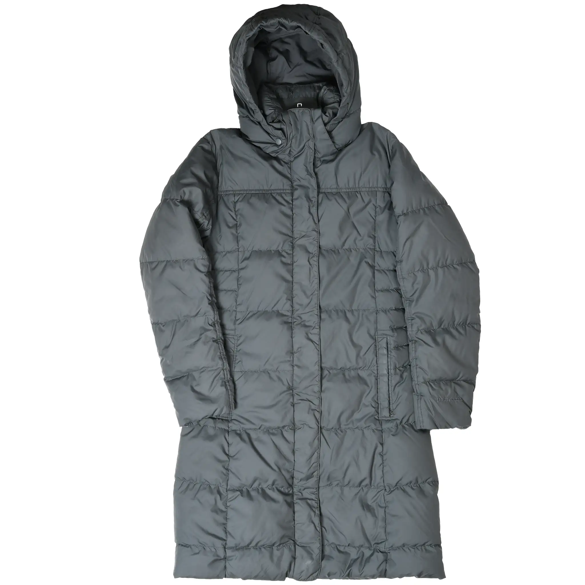 Full front view of gray Patagonia women's hooded down parka