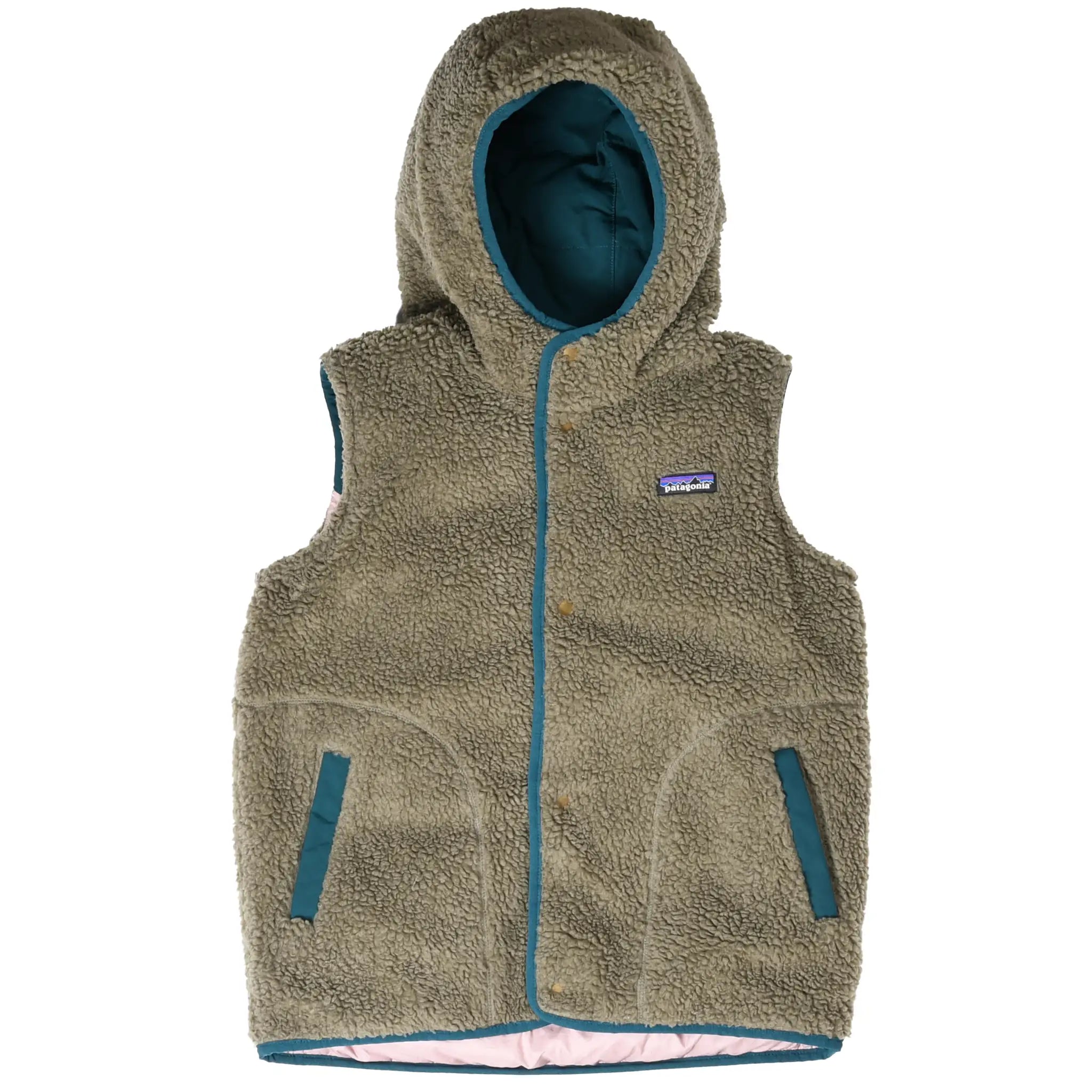 Full front of Patagonia Bivy reversible hooded vest in olive fleece with teal-trimmed pockets