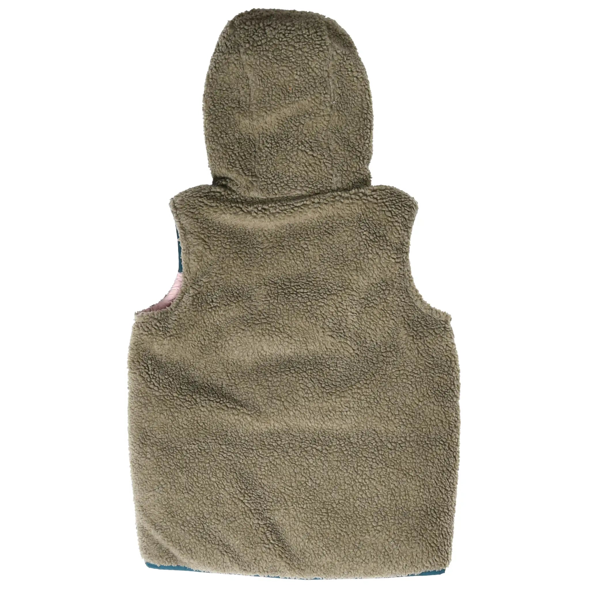Back of Patagonia Bivy hooded vest reversed to olive fleece