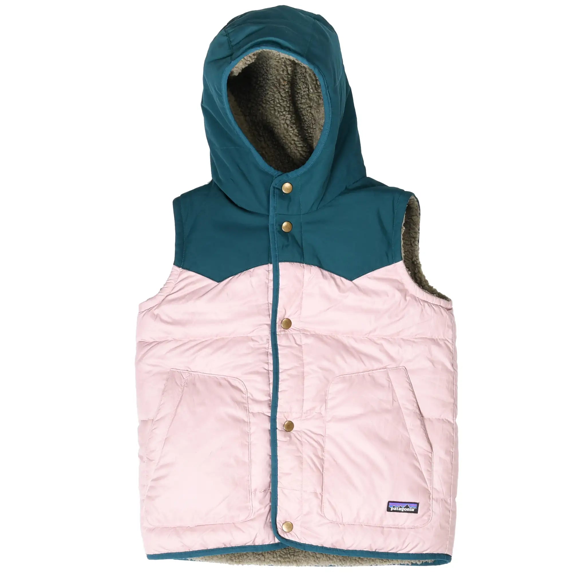 Front of Patagonia Bivy reversible hooded puffer vest in pale pink and teal