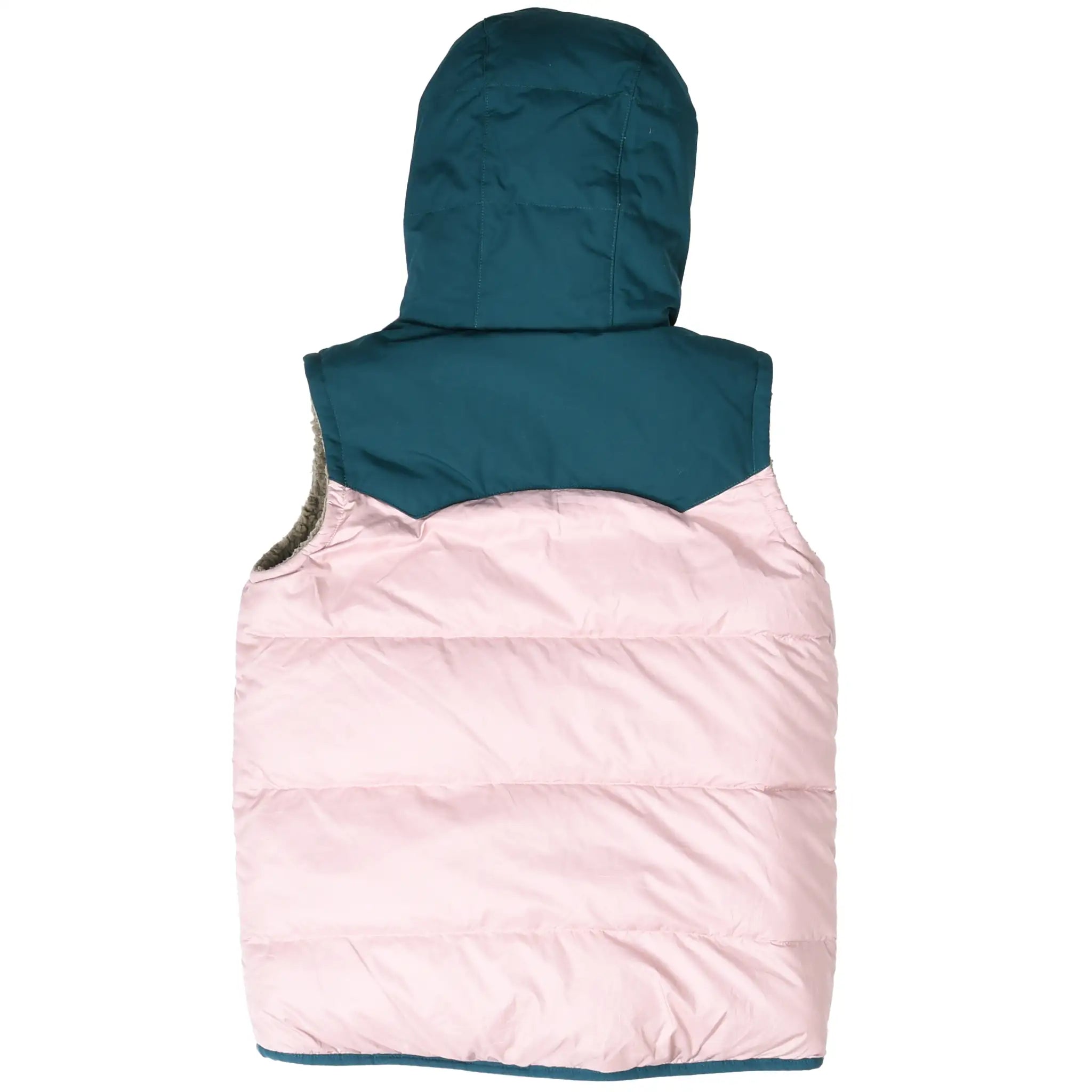 Back of Patagonia Bivy puffer vest in pale pink with a teal hood and shoulder panel
