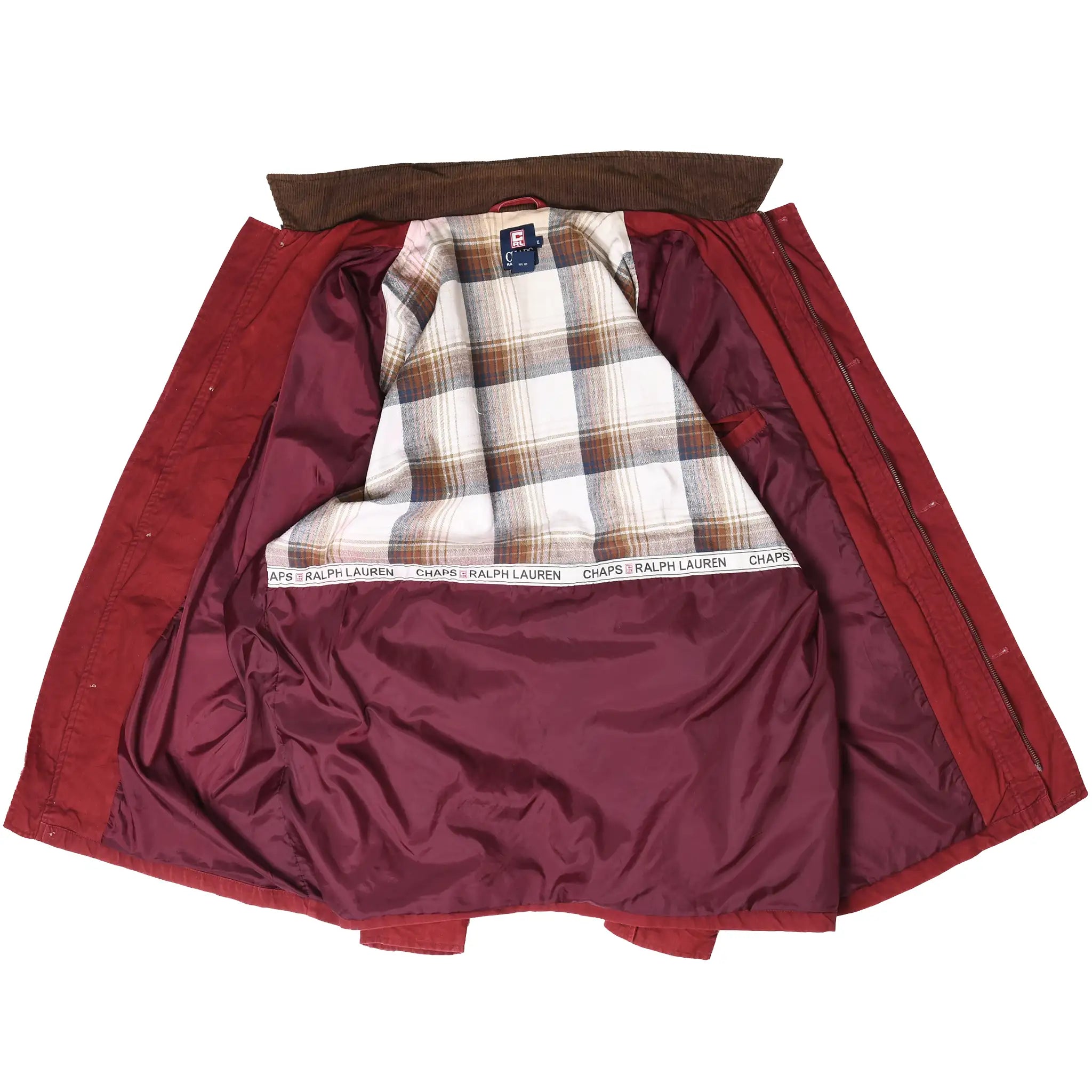 Open Chaps Ralph Lauren coat showing burgundy lining and plaid upper back panel