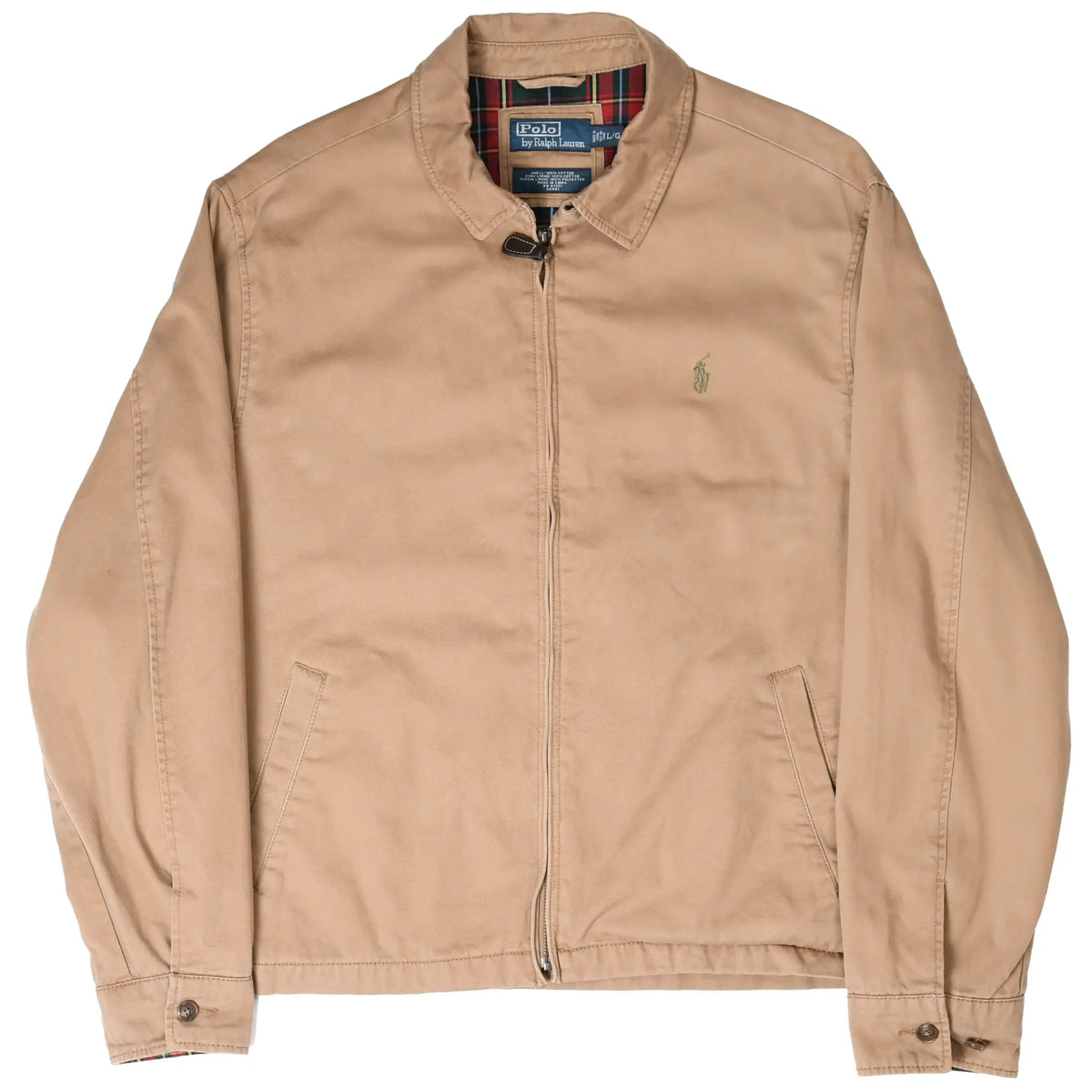 Front of brown Polo Ralph Lauren Harrington jacket with zip closure and angled pockets