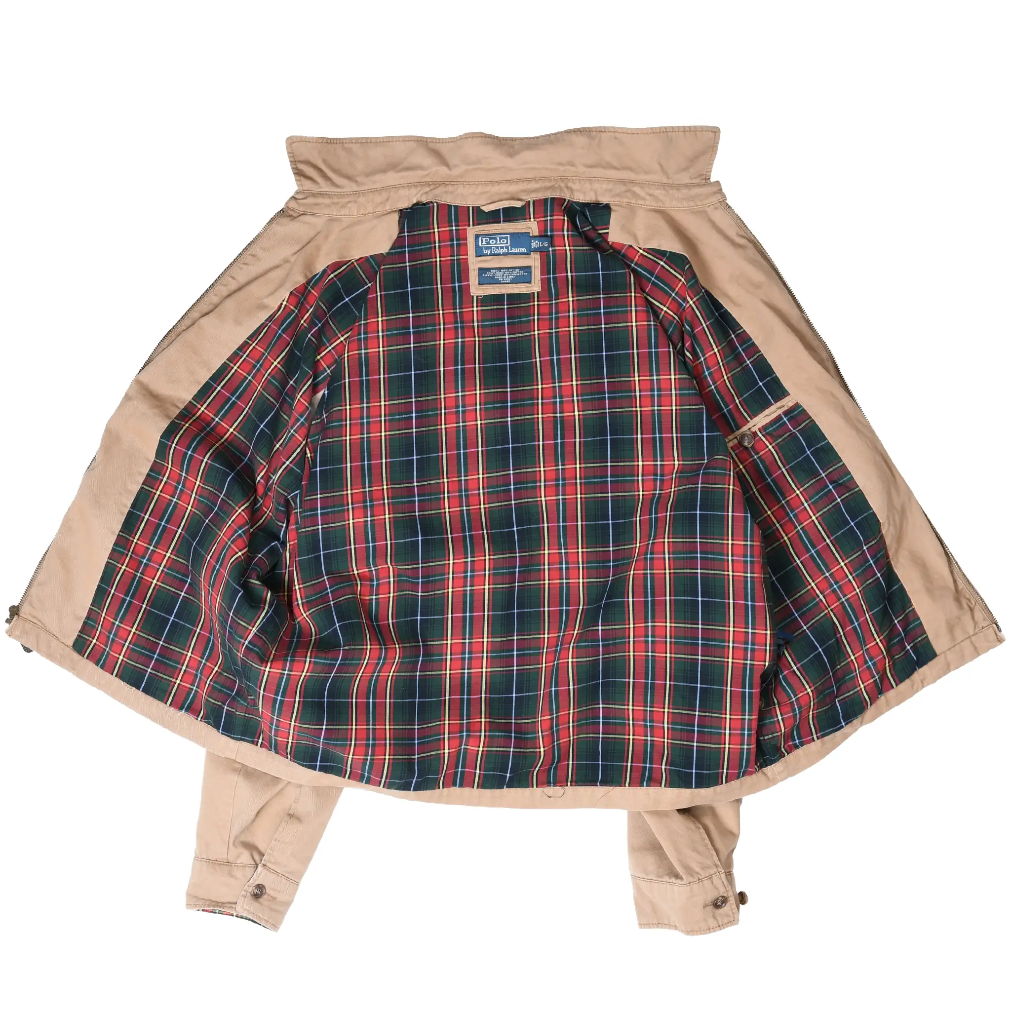 Open Polo Ralph Lauren jacket showing red, green and navy plaid lining