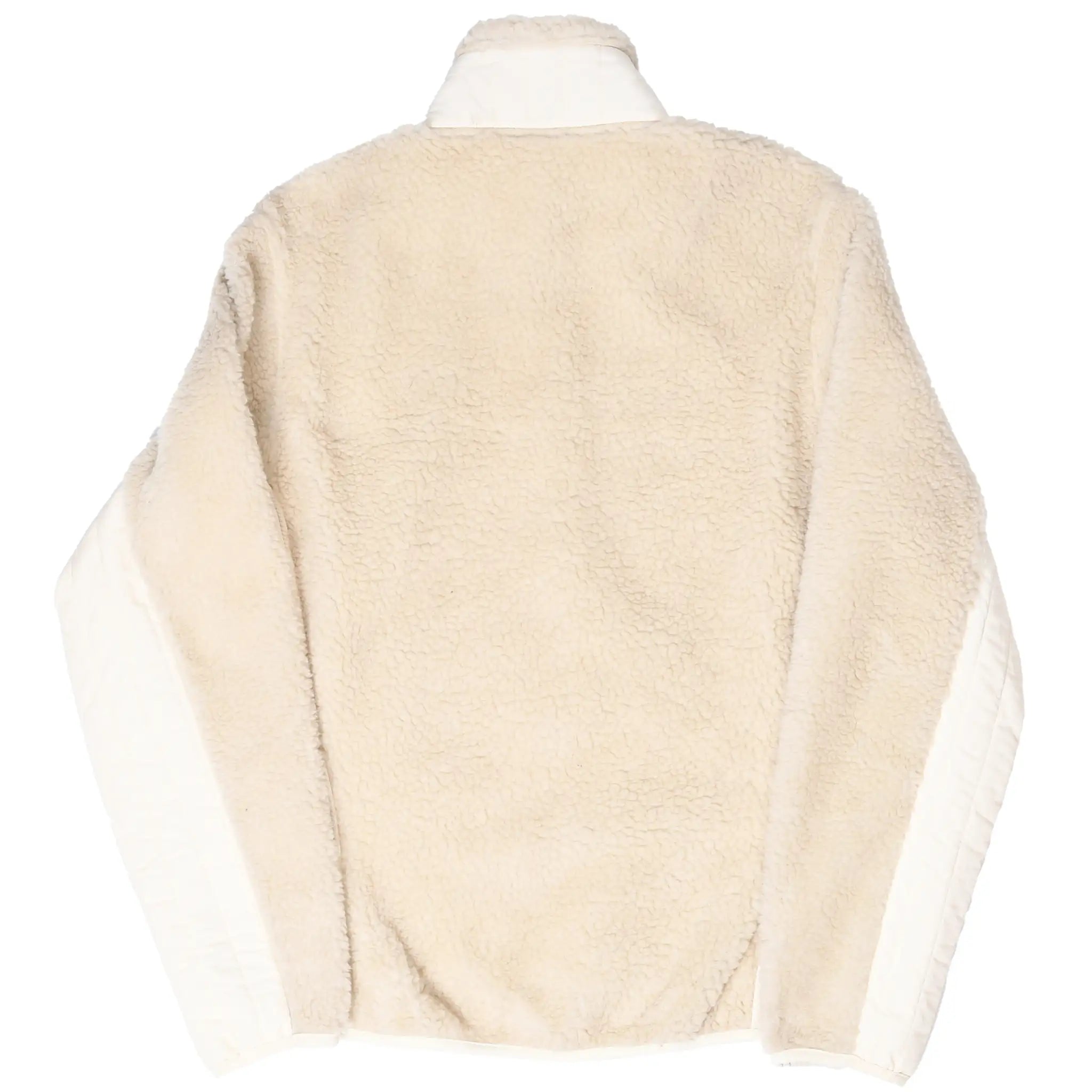 Back of beige Patagonia Retro-X women's fleece jacket with white sleeve panels