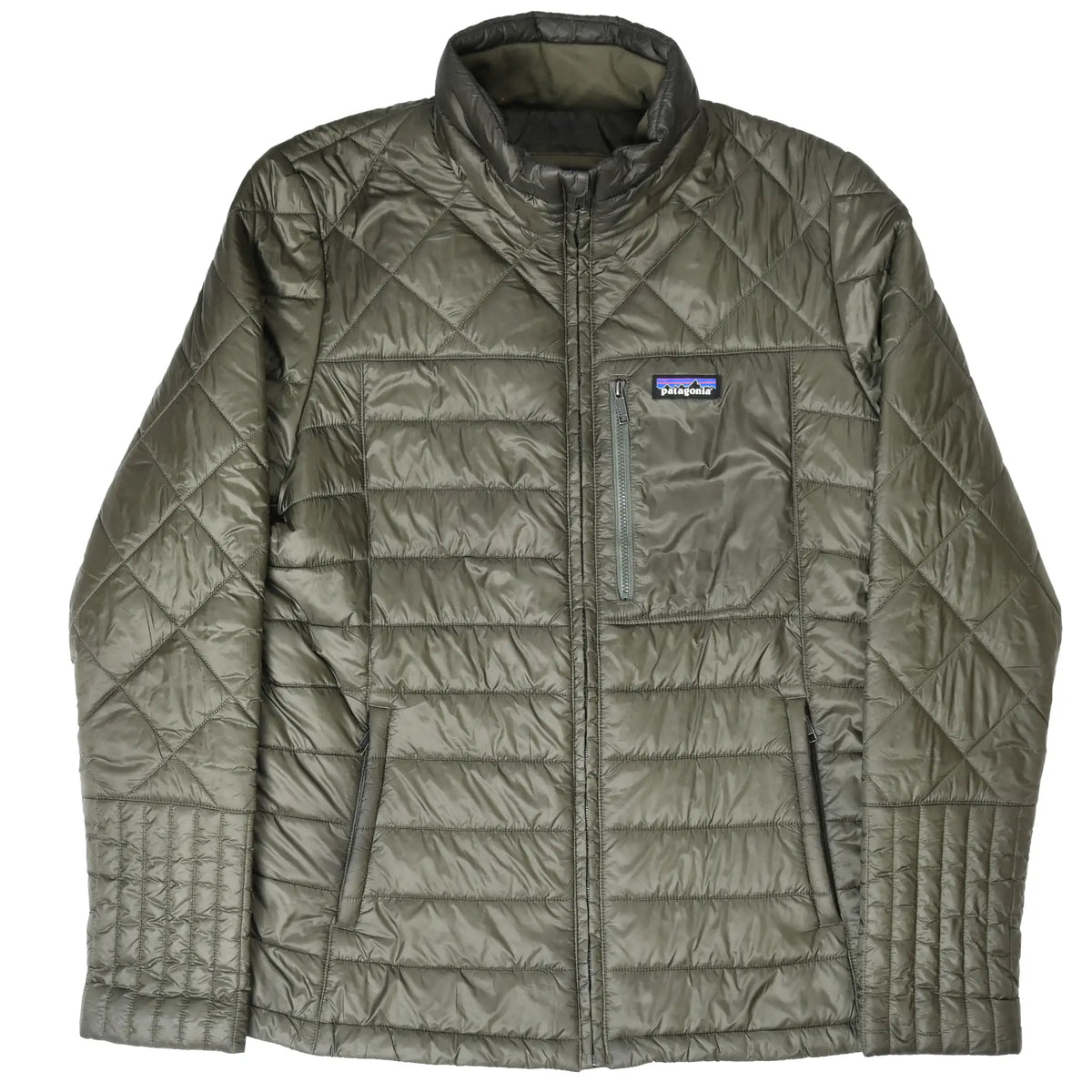 Front of green Patagonia Radalie jacket with zip pockets and logo patch