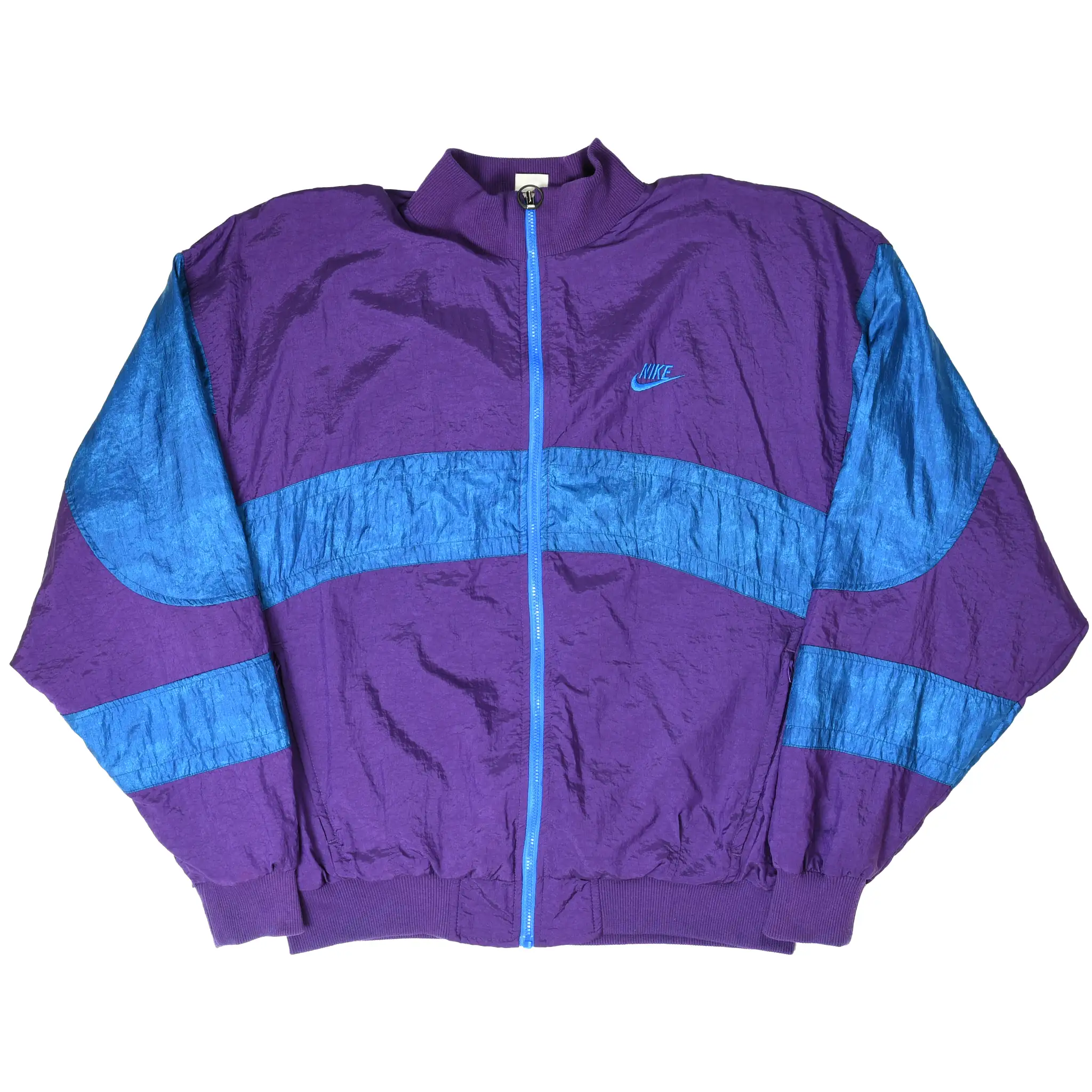 Full front view of purple and blue Nike International windbreaker jacket