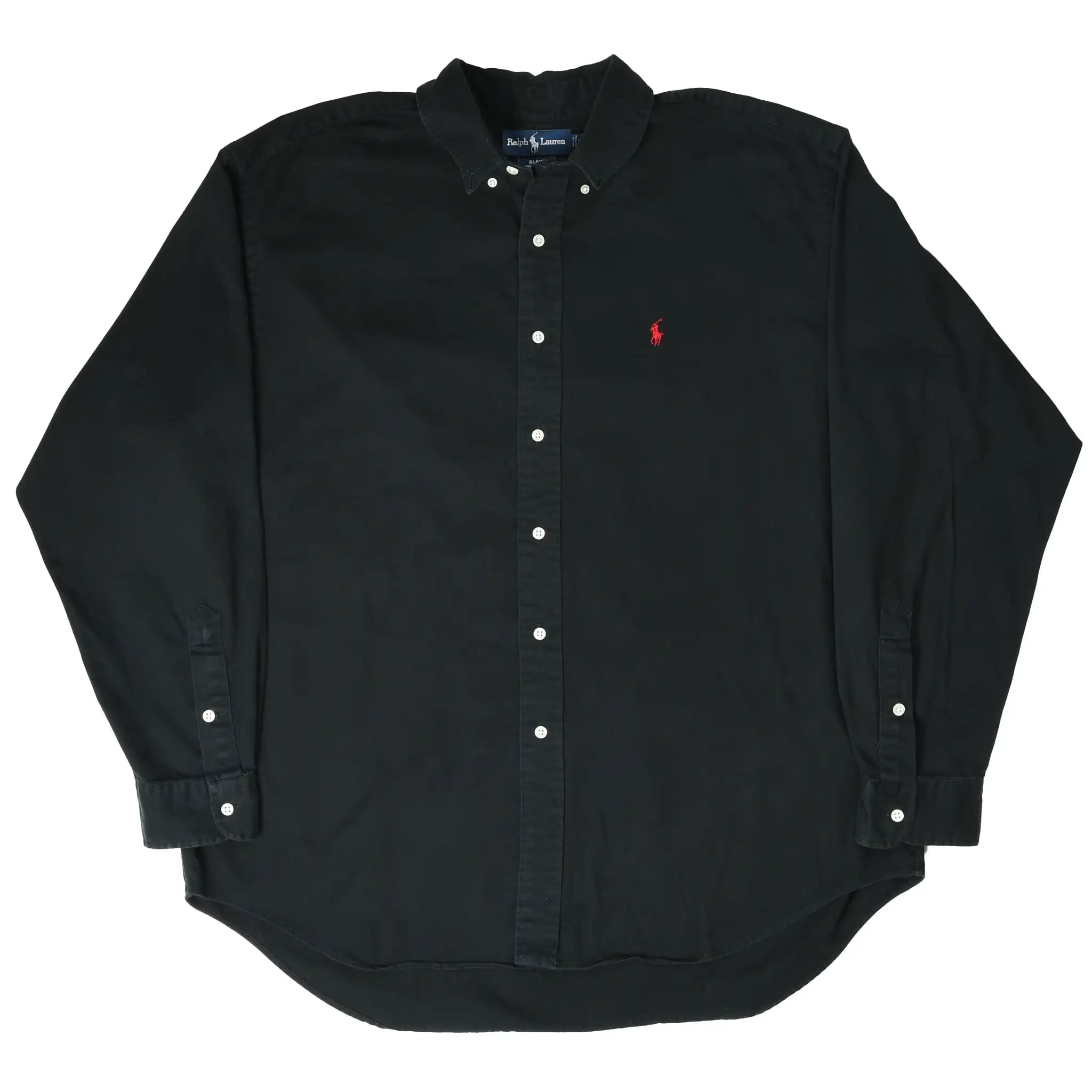 Full front view of Ralph Lauren black button-down shirt with red pony embroidery