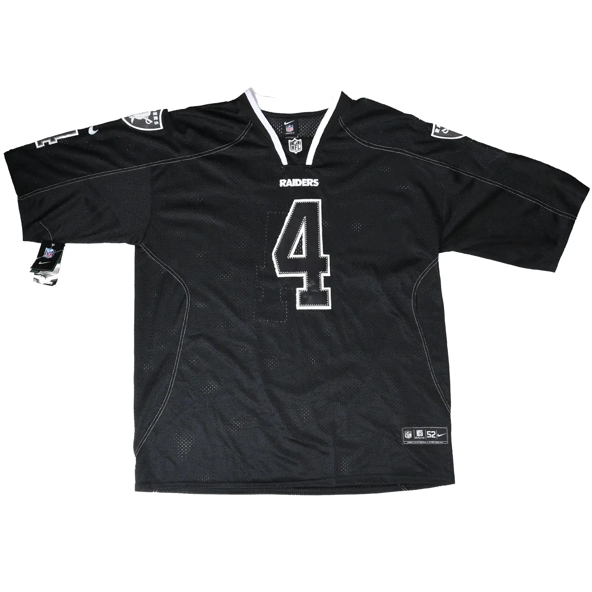 Full front view of black Nike Oakland Raiders number 4 NFL jersey