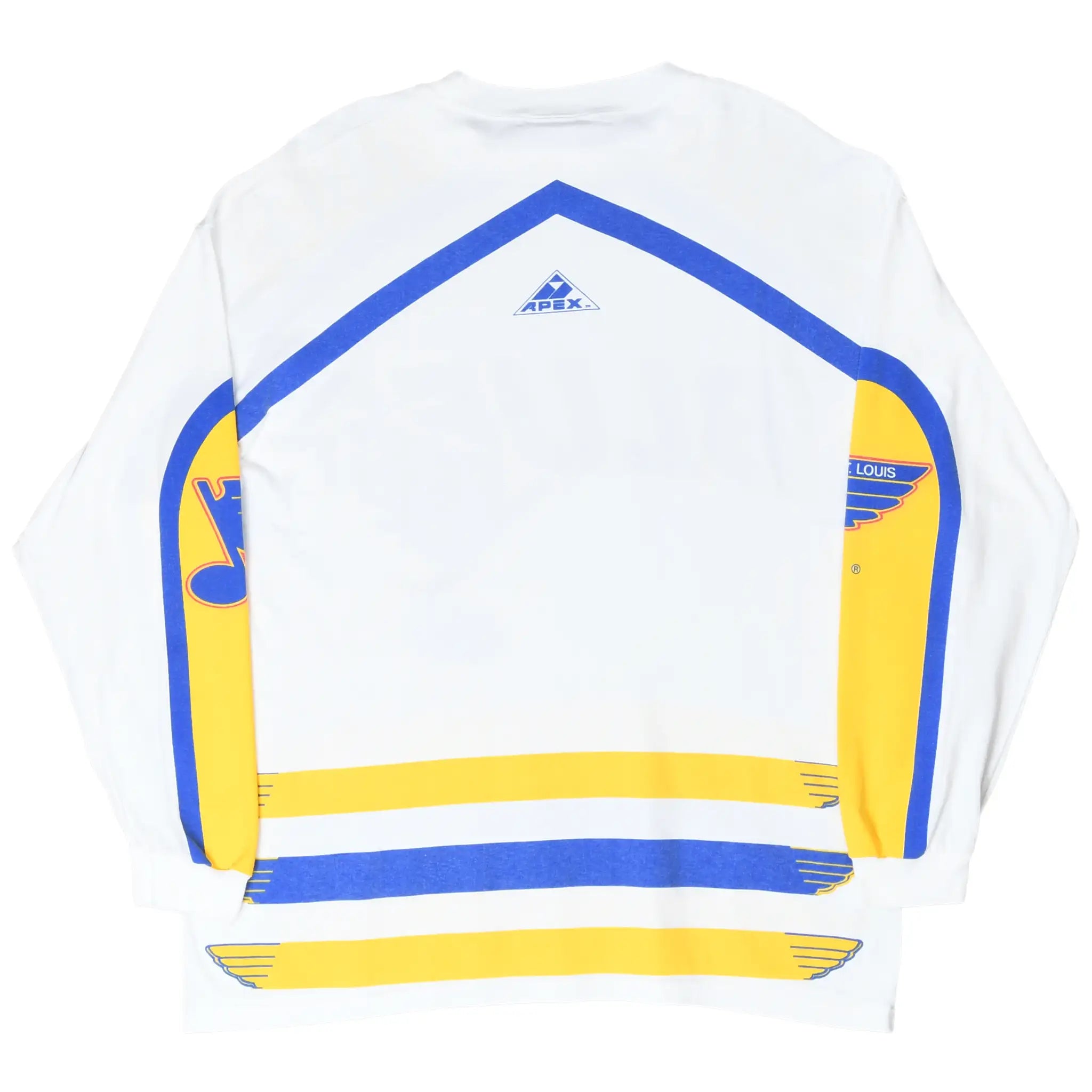Back of white St. Louis Blues long-sleeve tee with blue and yellow stripes and Apex One logo