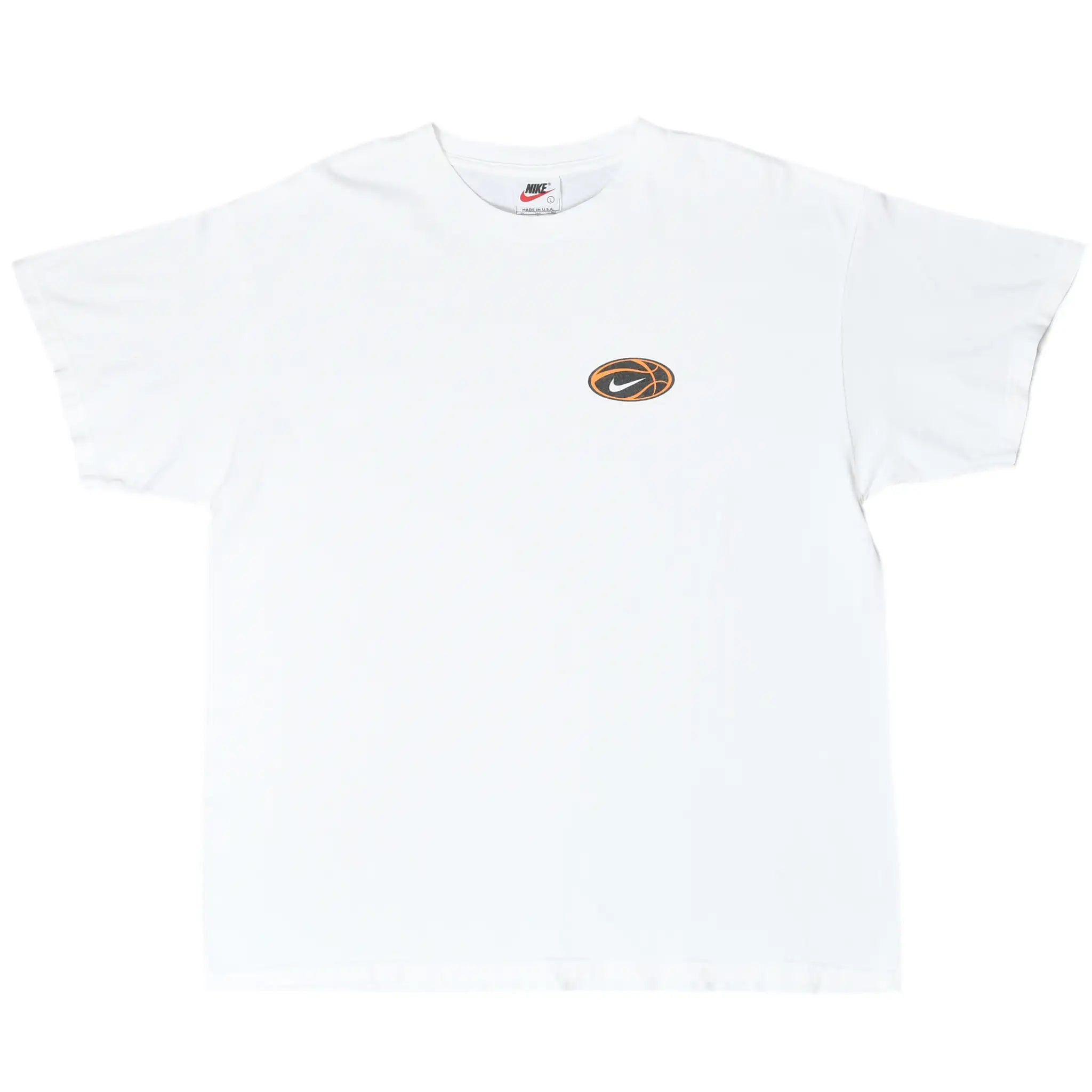 Front of white Nike basketball T-shirt with small black and orange chest graphic