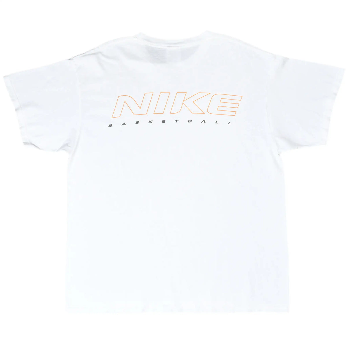 Back of white Nike basketball T-shirt with orange outlined Nike graphic
