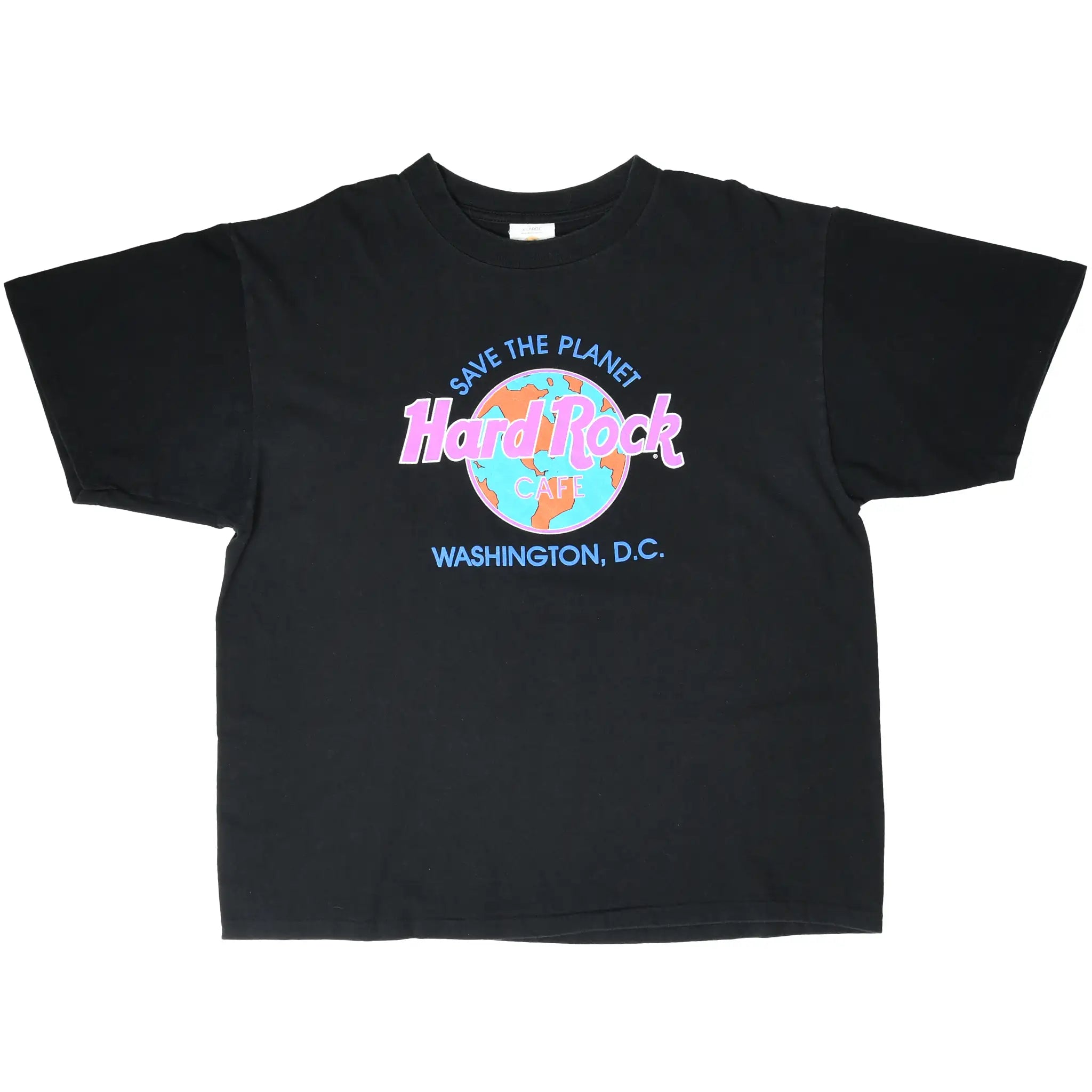 Full front of black Hard Rock Cafe Washington, D.C. T-shirt with colorful globe logo