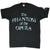 Full front view of black The Phantom of the Opera T-shirt with sleeve graphic
