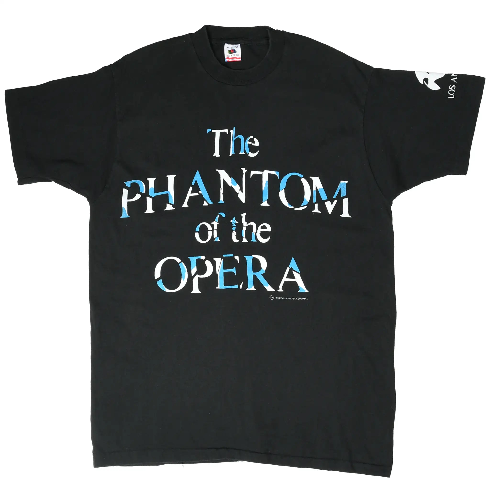 Full front view of black The Phantom of the Opera T-shirt with sleeve graphic