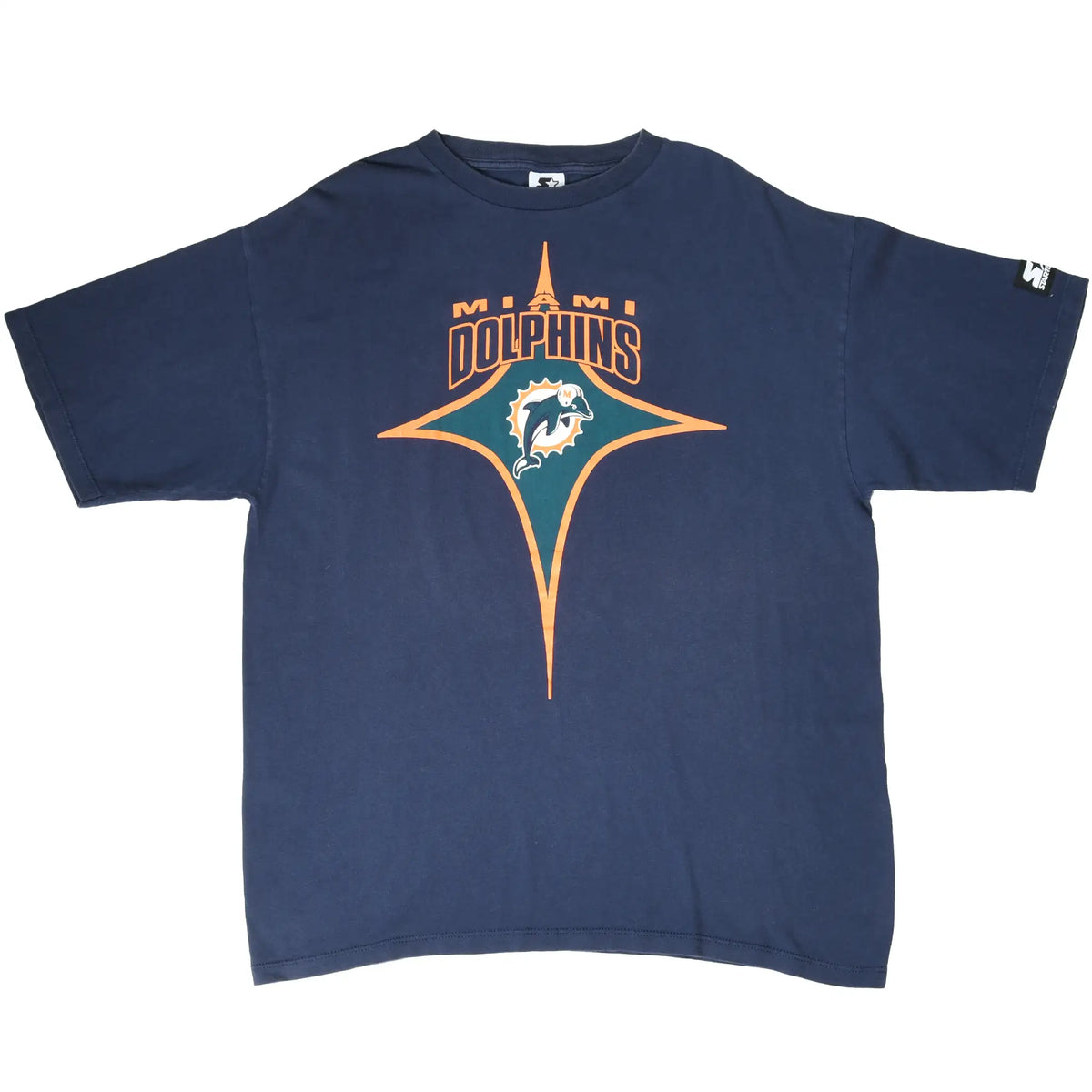 Full front of navy Starter Miami Dolphins T-shirt with team logo graphic