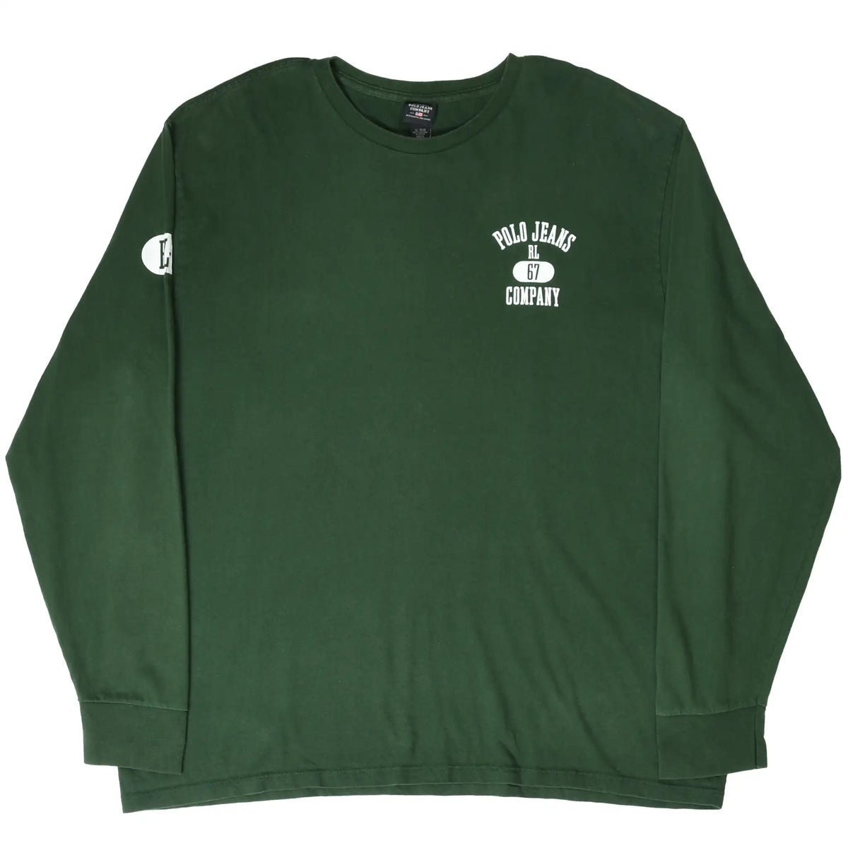 Full front view of green Polo Jeans long-sleeve T-shirt with white RL-67 Company print
