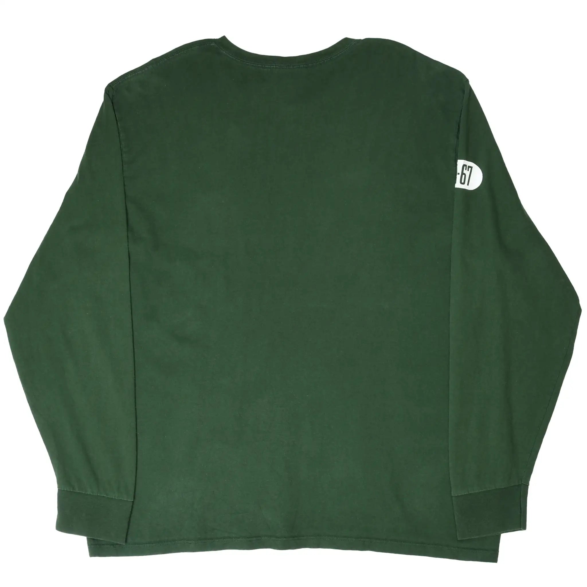 Back of green Ralph Lauren Polo Jeans long-sleeve T-shirt with RL-67 sleeve print