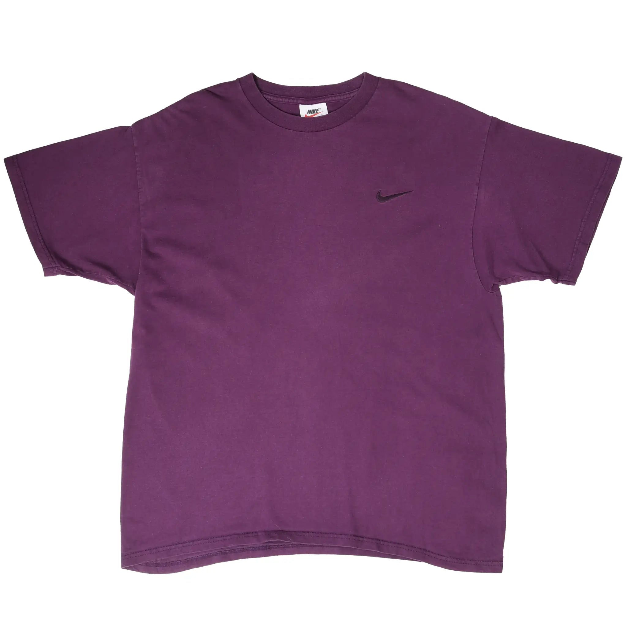 Front of purple Nike T-shirt with small dark Swoosh embroidery