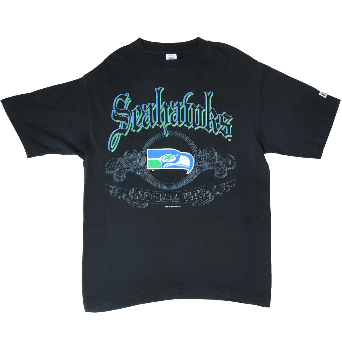 Full front of black Seattle Seahawks T-shirt with team logo and Football Club graphic